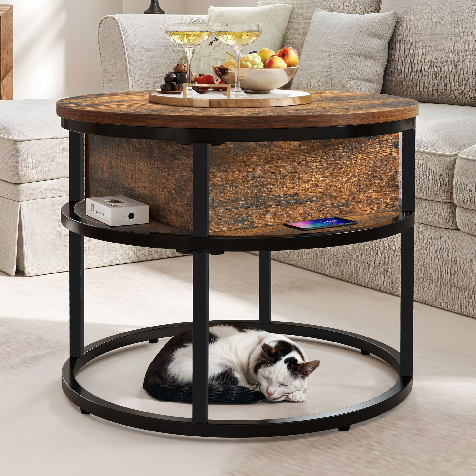 Balconera Table Basse Plateau Relevable-60x60x47cm-Marron - 3