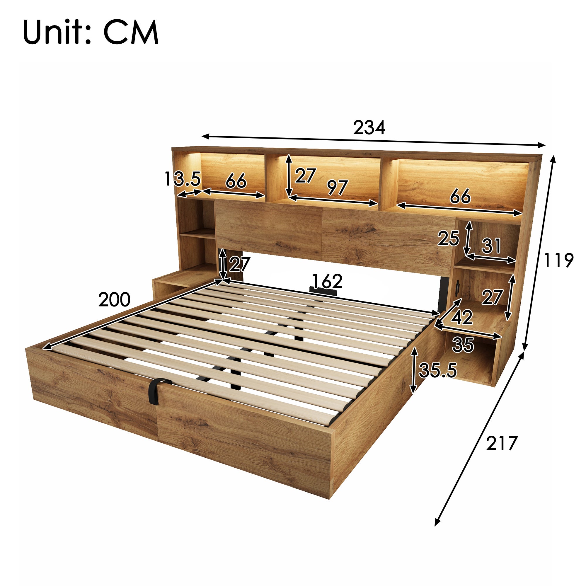 Lit 160x200 cm avec rangement hydraulique,Lit double en bois avec LED et port USB,avec table de chevet,sommier à lattes, Couleur Chêne(Sans matelas) - 5