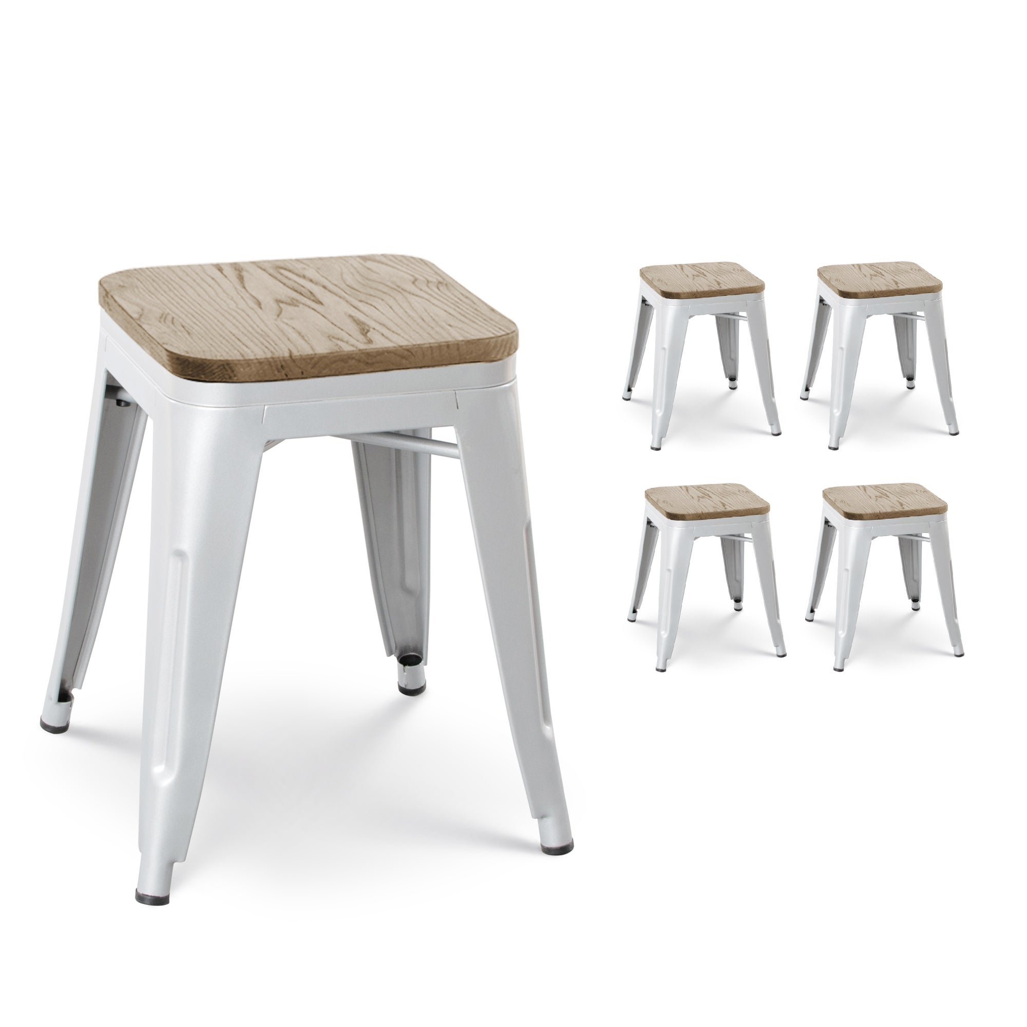 Kosmi Lot De Tabourets En M Tal Blanc Mat Style Industriel Et Assise En Bois Clair Sans