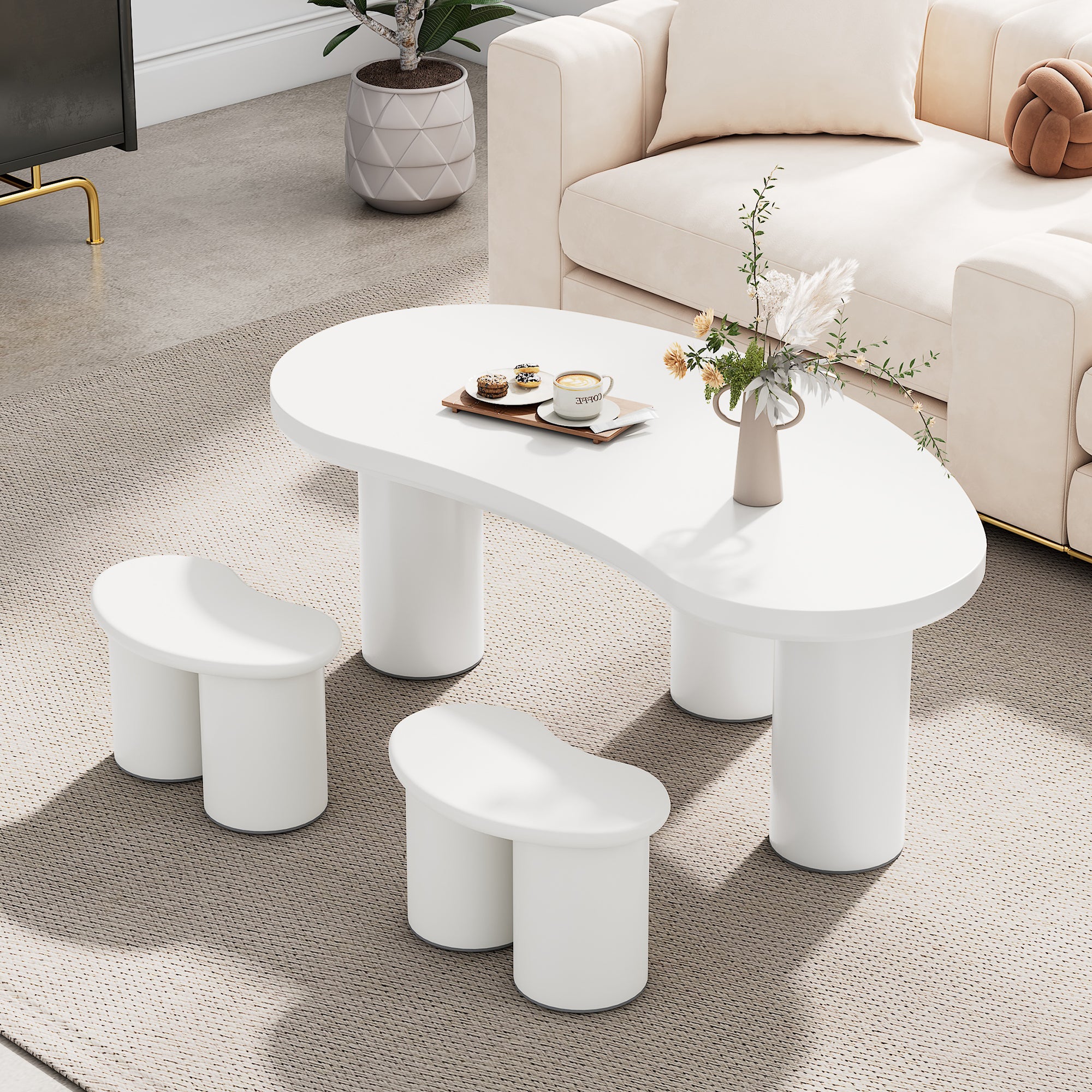 Ensemble de Tables Basses Demi,Lune avec 2 Bancs, Design Moderne, MDF ...