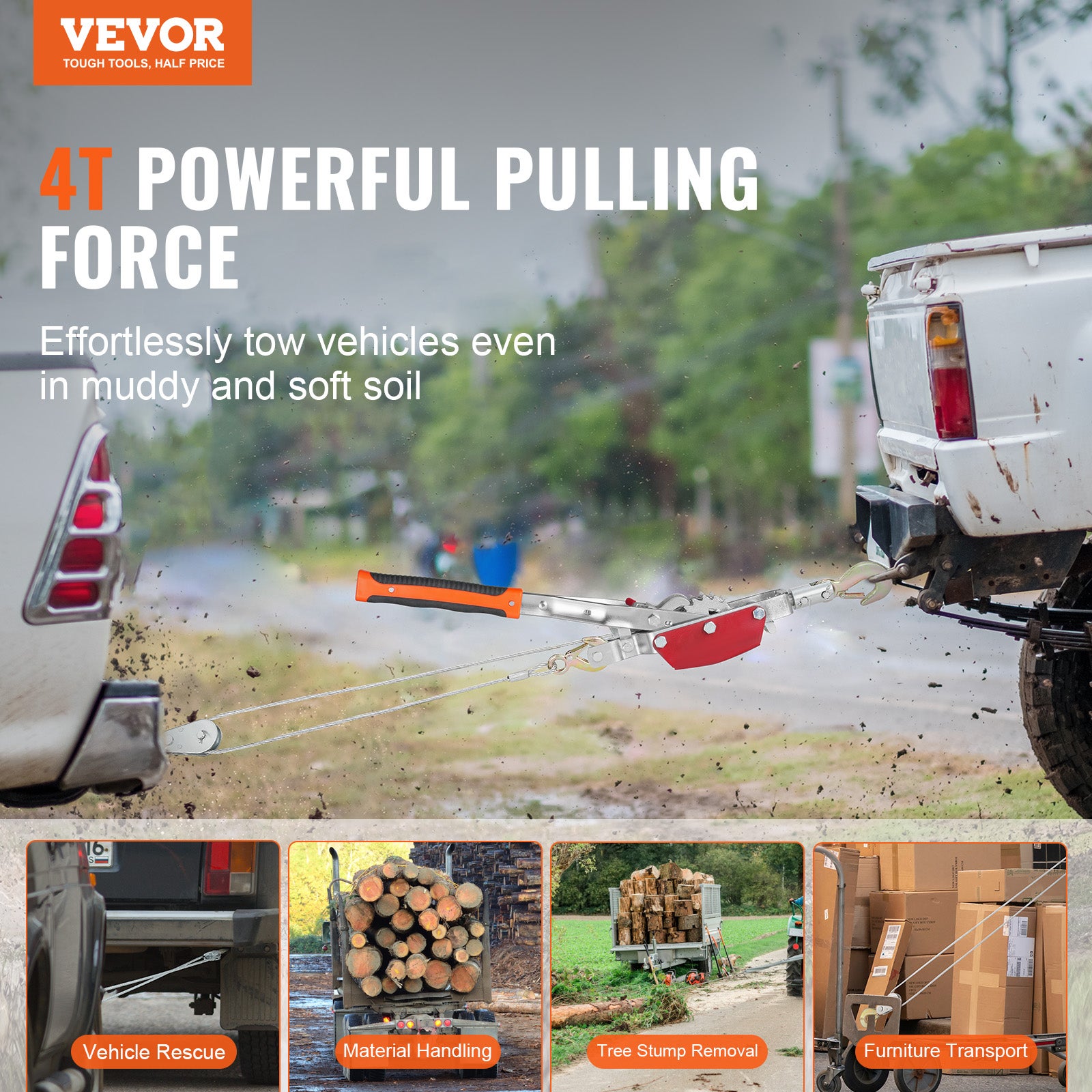 Guincho Forte VEVOR 4 Toneladas,Manual com 3 m de Corda de Aço e 3 Ganchos,Ferramenta de Doble Engrenagem,Resgate de Veículos - 2