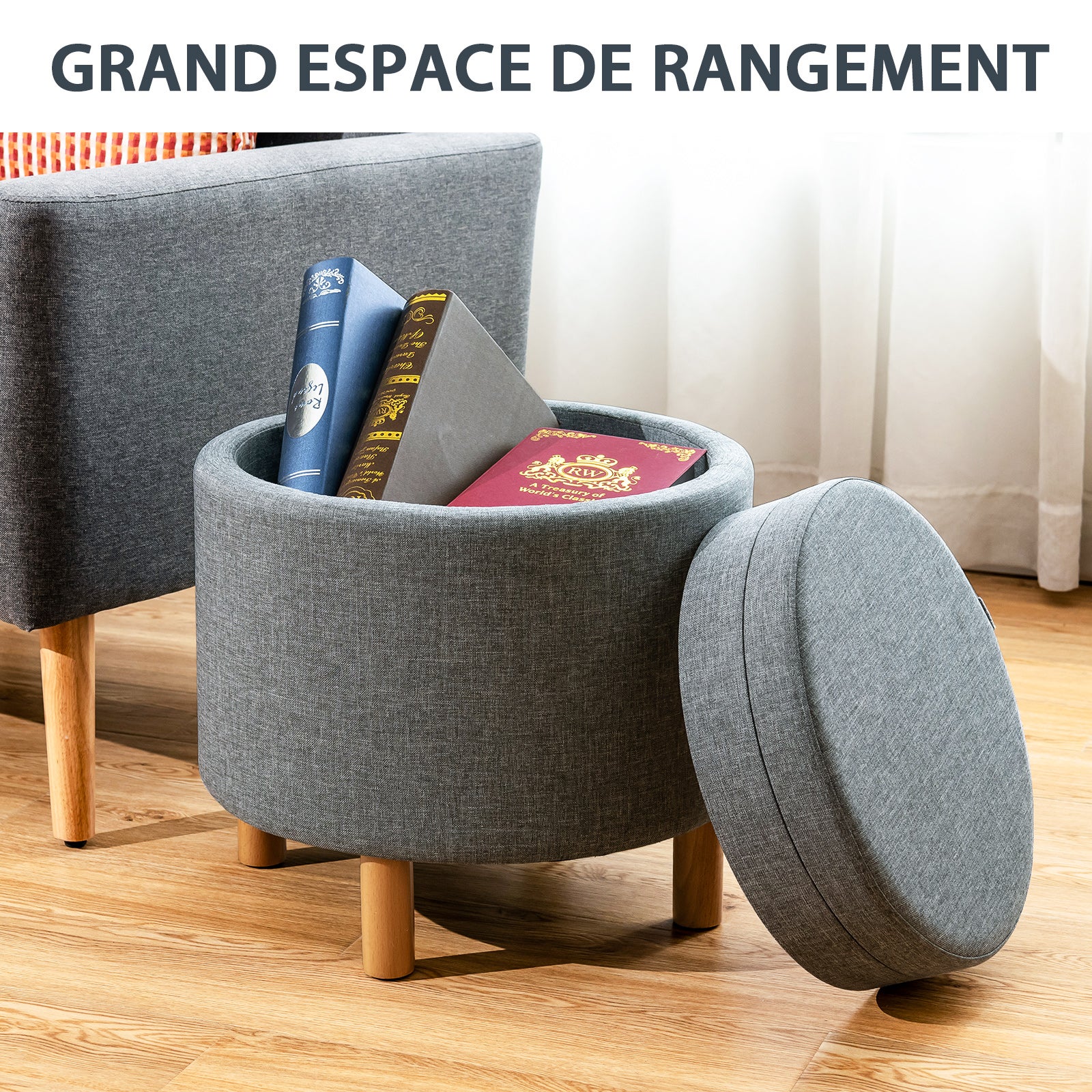 Pouf Rotondo con Contenitore e Vassoio, Poggiapiedi Imbottito con Base in Legno e Piedini Antiscivolo, Tavolino da Caffè per Soggiorno, Camera - 6