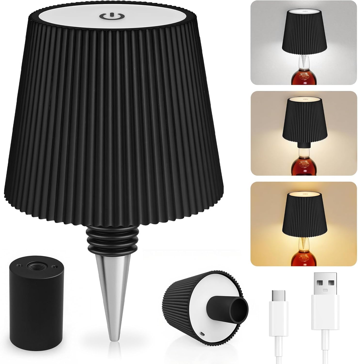 (Czarna) Akumulatorowa lampa LED na butelkę, 3 regulowane tryby temperatury barwowej, sterowanie dotykowe, ochrona IP54, bezprzewodowa lampa stołowa z
