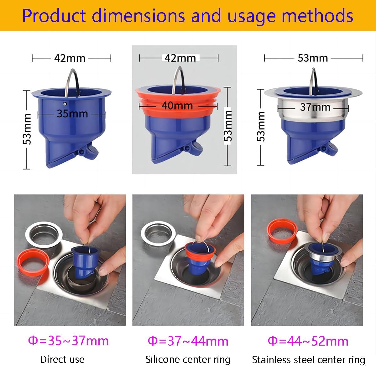 Caniveau de douche anti-odeurs 2 pièces - Siphon de sol en silicone, anti-refoulement - Noyau universel anti-odeurs 50 tubes 40 tubes - 5