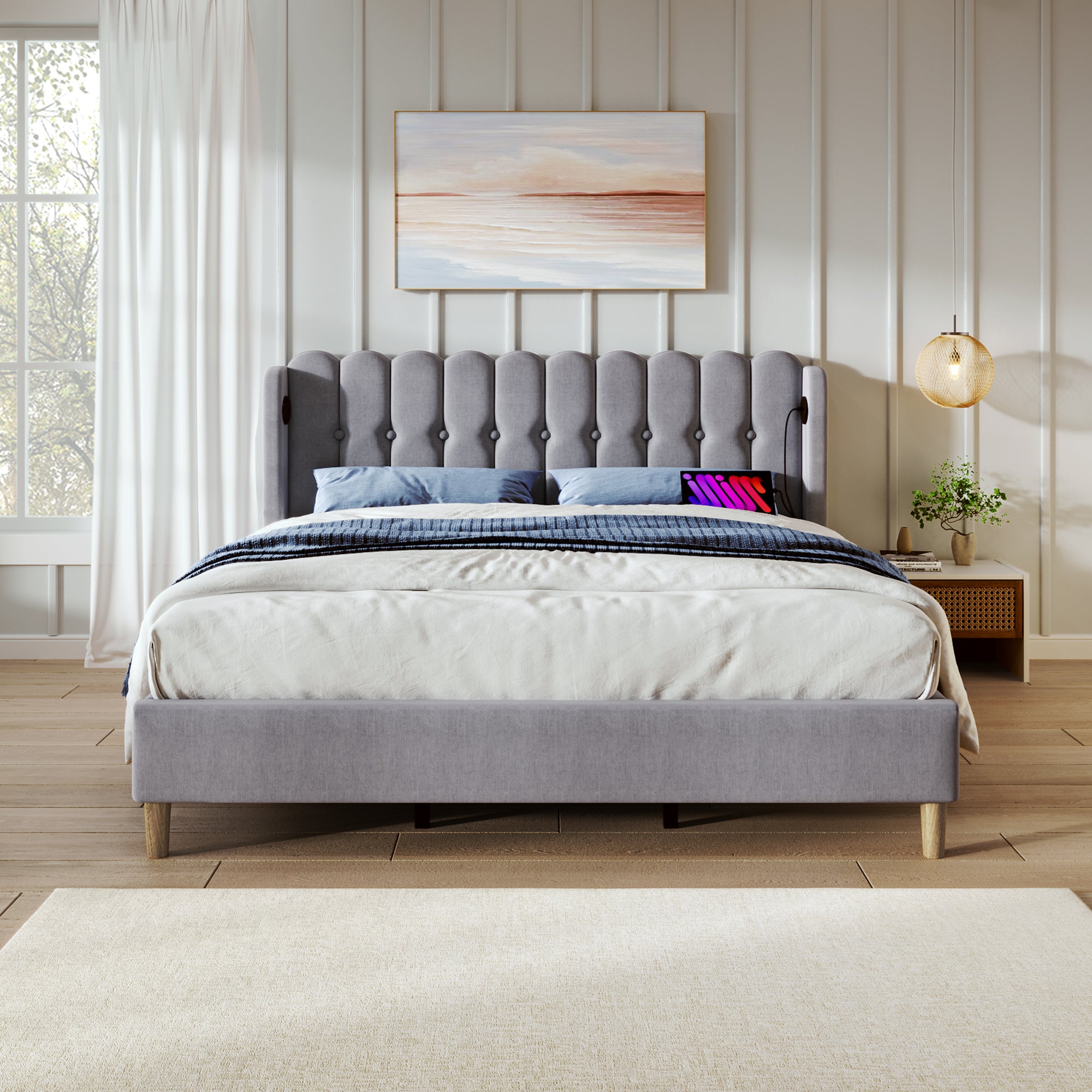 Lit double 180x200 cm tête de lit rembourrée avec chargement USB Type-C sommier en lin gris (sans matelas) - 6