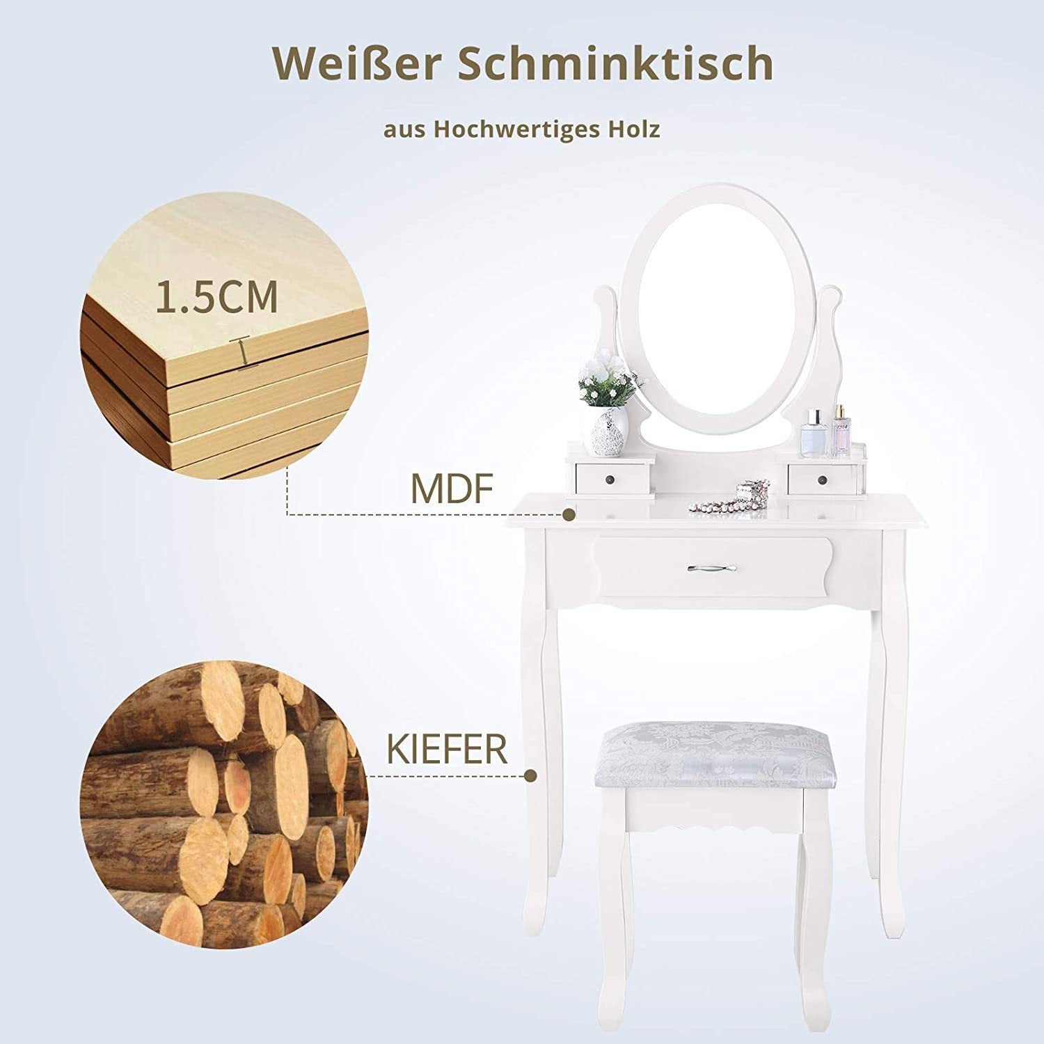Coiffeuse avec miroir et tabouret, 3 tiroirs, miroir pivotant à 360°, style rétro-luxe, matériau MDF, blanc - 7