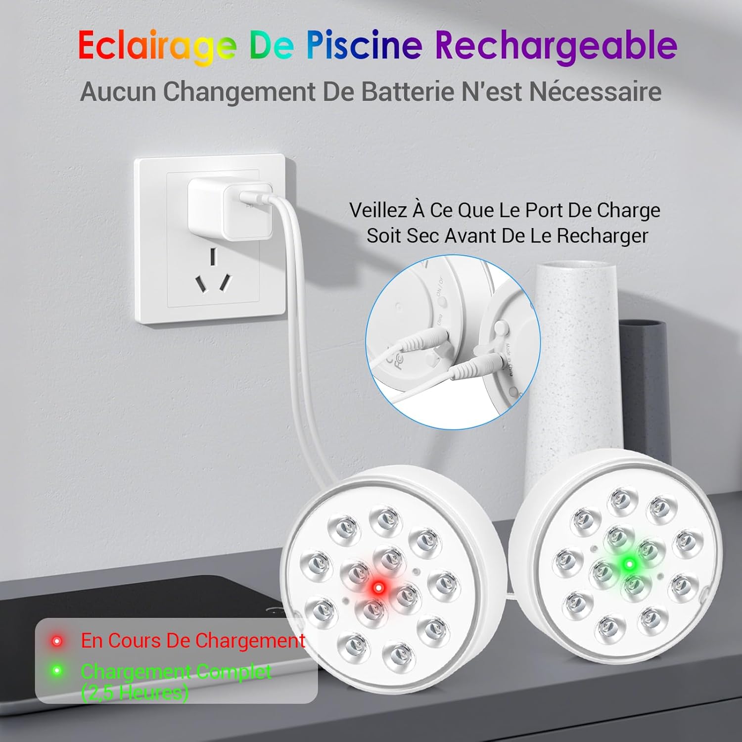 Lampe de piscine LED submersible rechargeable, 4 lumières, IP68, 16 couleurs RVB, avec télécommande, adaptée aux piscines et aquariums - 3