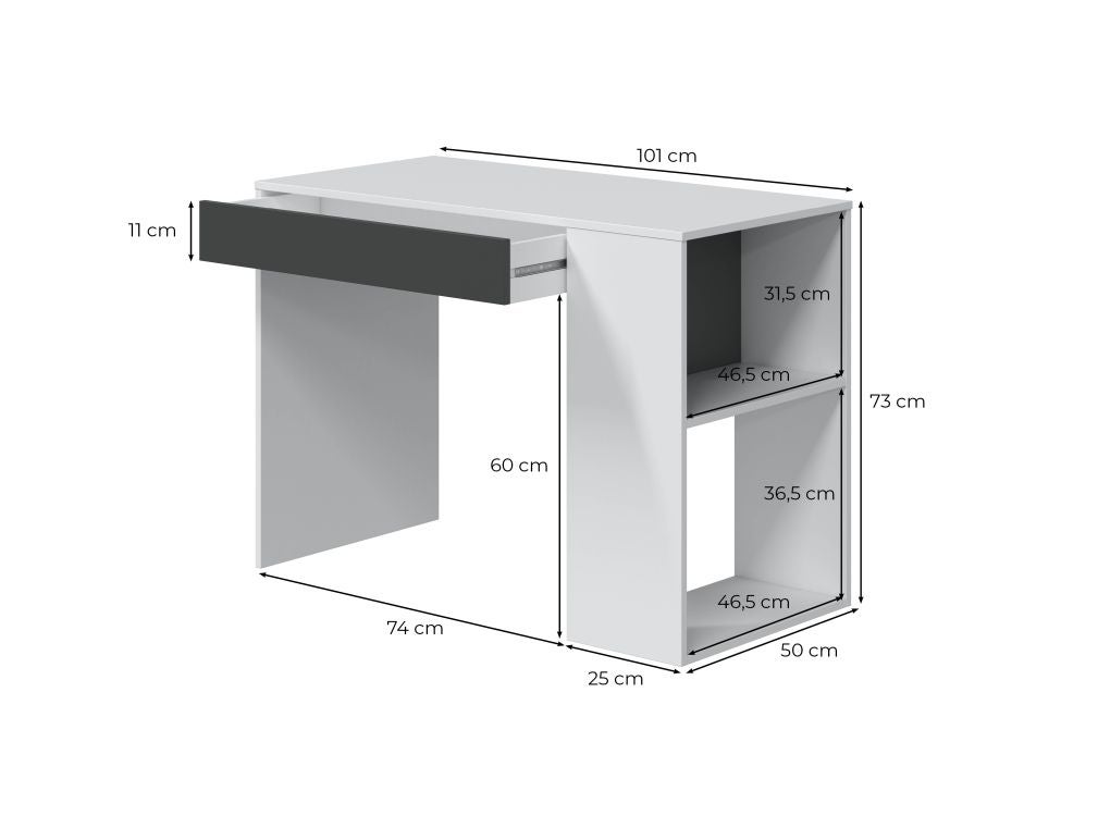 Bureau Moderne Avec Tiroir 101x50x73 Réversible Avec Tablettes Latérales Blanc - 5
