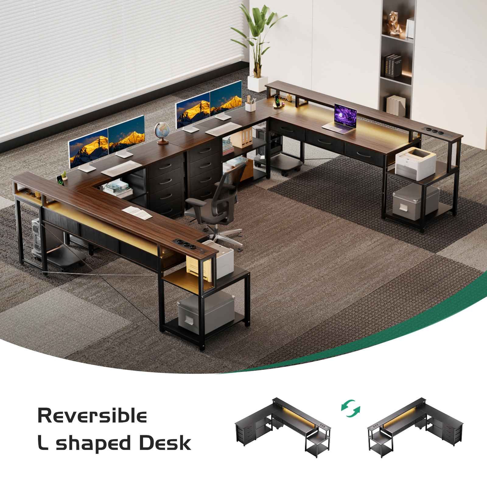 Bureau Gaming L-Shape 148cm avec LED, 3 Prises AC, 2 Ports USB, Tiroirs et Rangement - 5