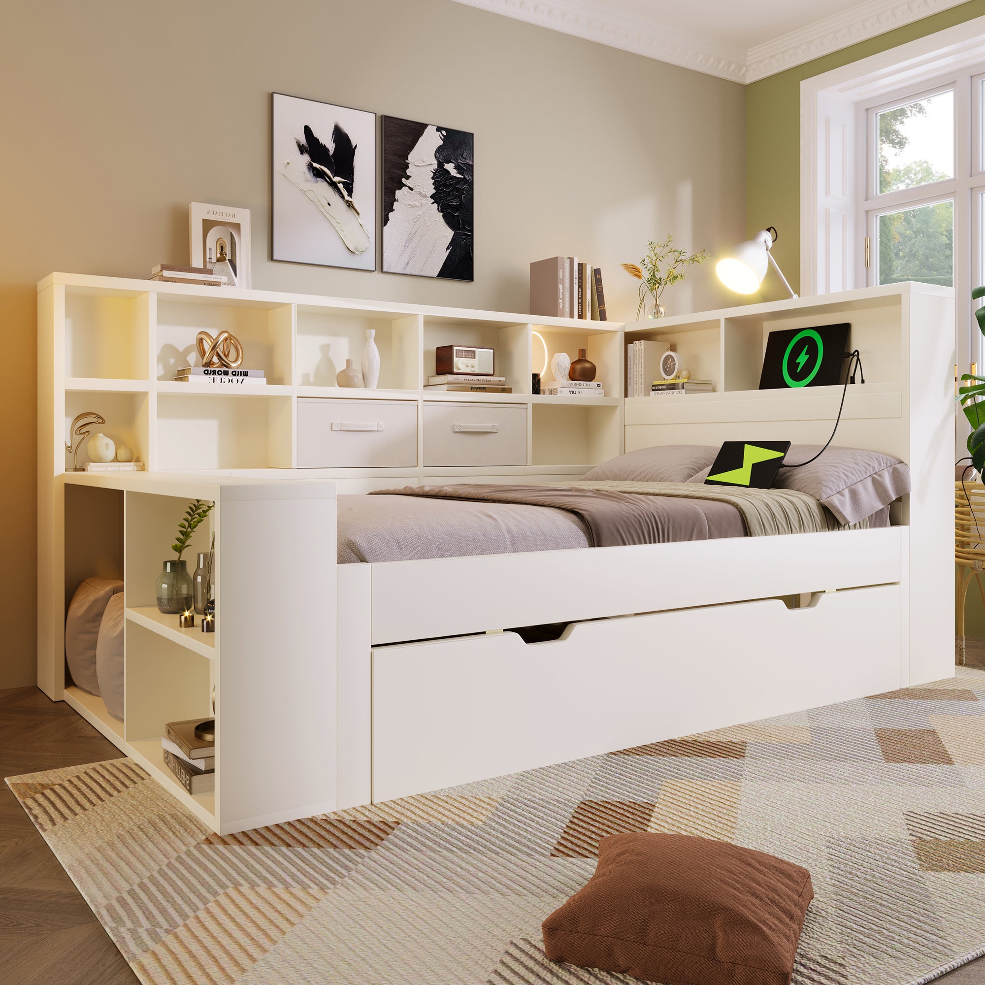 Łóżko wysuwane 90 x 200 cm z 2 szufladami i przegródkami – sosna + płyta wiórowa – ładowanie USB/typu C – białe (materac nie jest wliczony w cenę) - 8