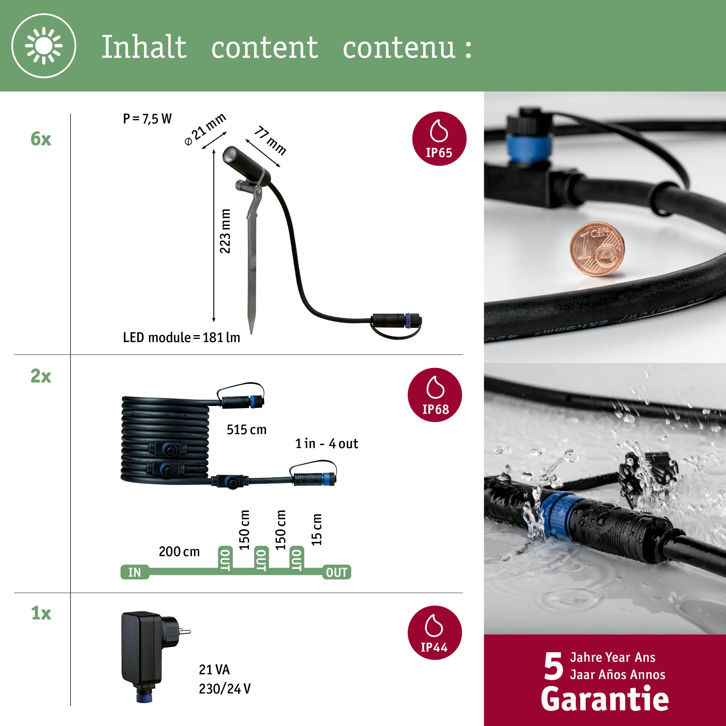 Kit Plug & Shine Projecteur de jardin LED Plantini Kit de 6 IP65 rond 21 mm 3000K 6x1,4W 6x90lm 230/24V 45° Anthracite Aluminium - 4