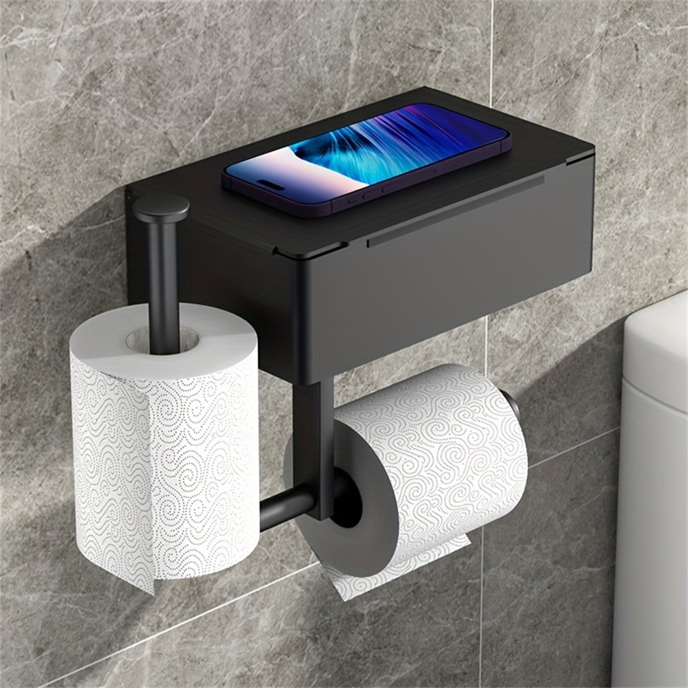 Uchwyt na papier toaletowy z dwiema opcjami montażu, nie wymaga wiercenia, uchwyt na rolkę papieru toaletowego, ścienny, stal nierdzewna, czarny