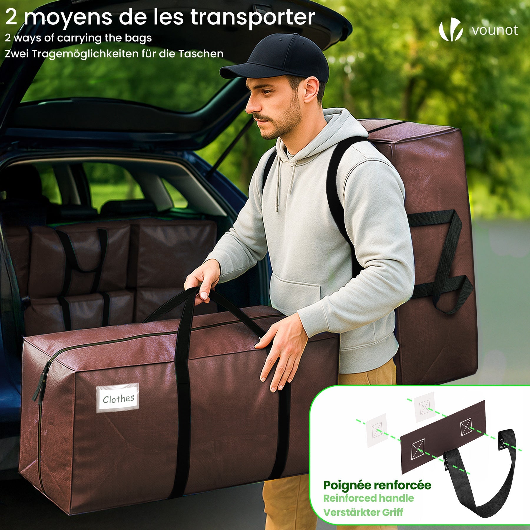Lot de 5 sacs de déménagement grand format - sacs de rangement avec sangles de sac à dos et poignée - marron - VOUNOT® - 2