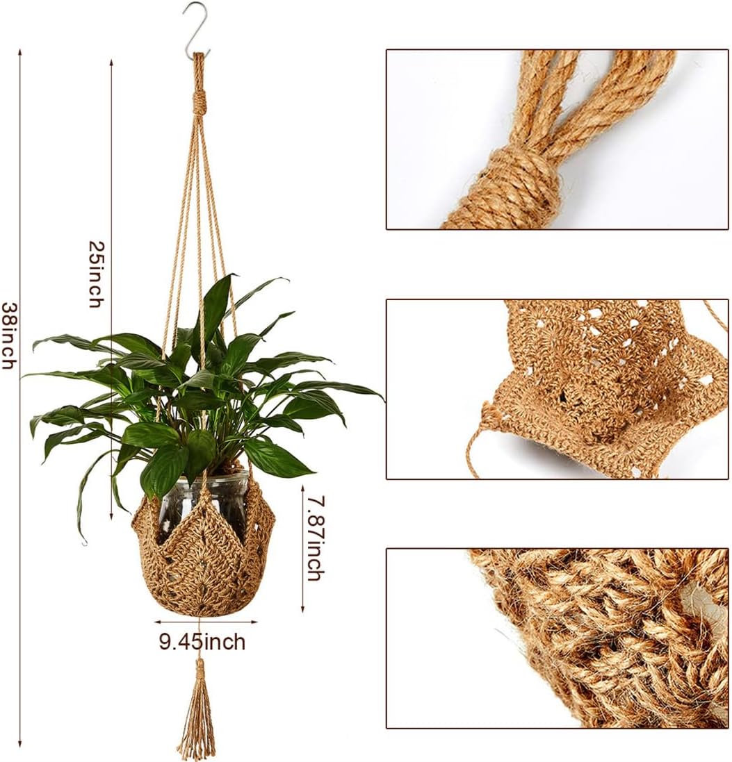 Lot de 2 paniers à fleurs suspendus en corde de jute avec crochets pour la décoration intérieure - 2