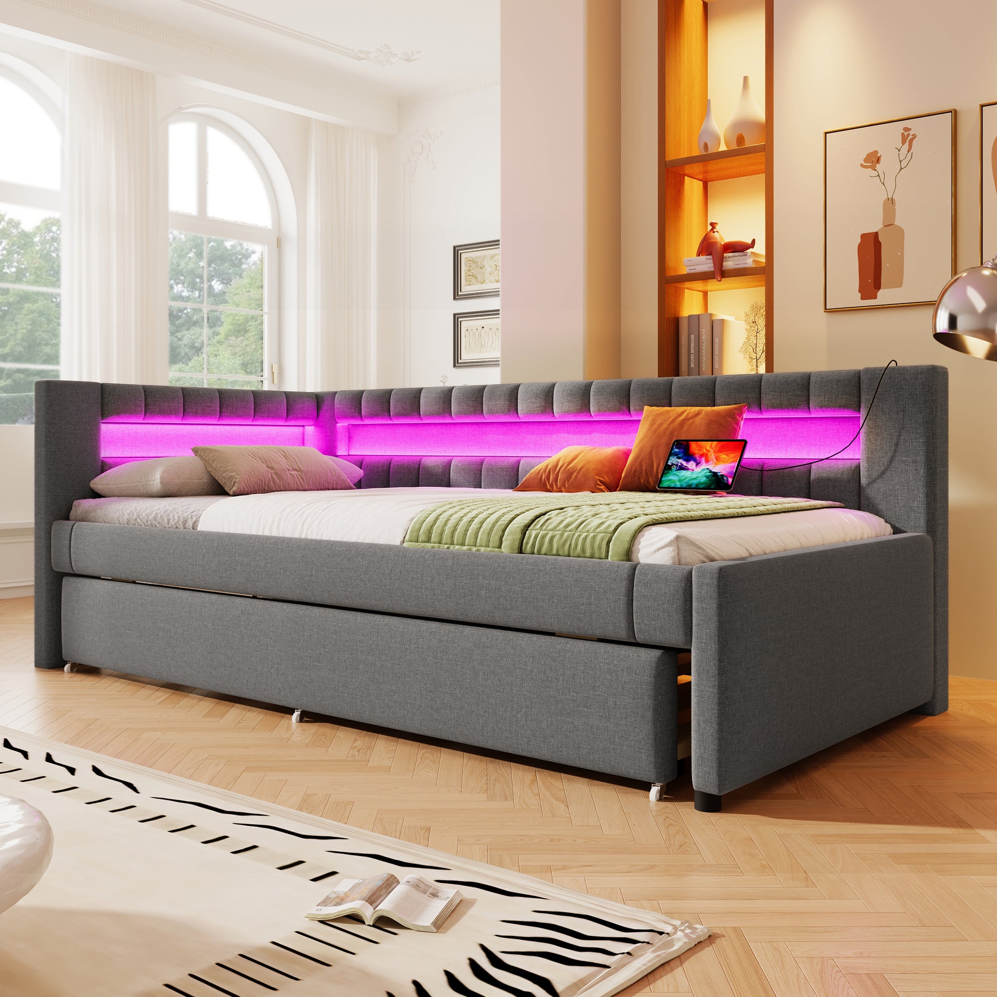 Cama nido para adultos de lino 90 × 200 cm con barra luminosa LED, sofá cama 2 en 1 con somier de láminas, USB + TYPE-C, Gris (sin colchón) - 4