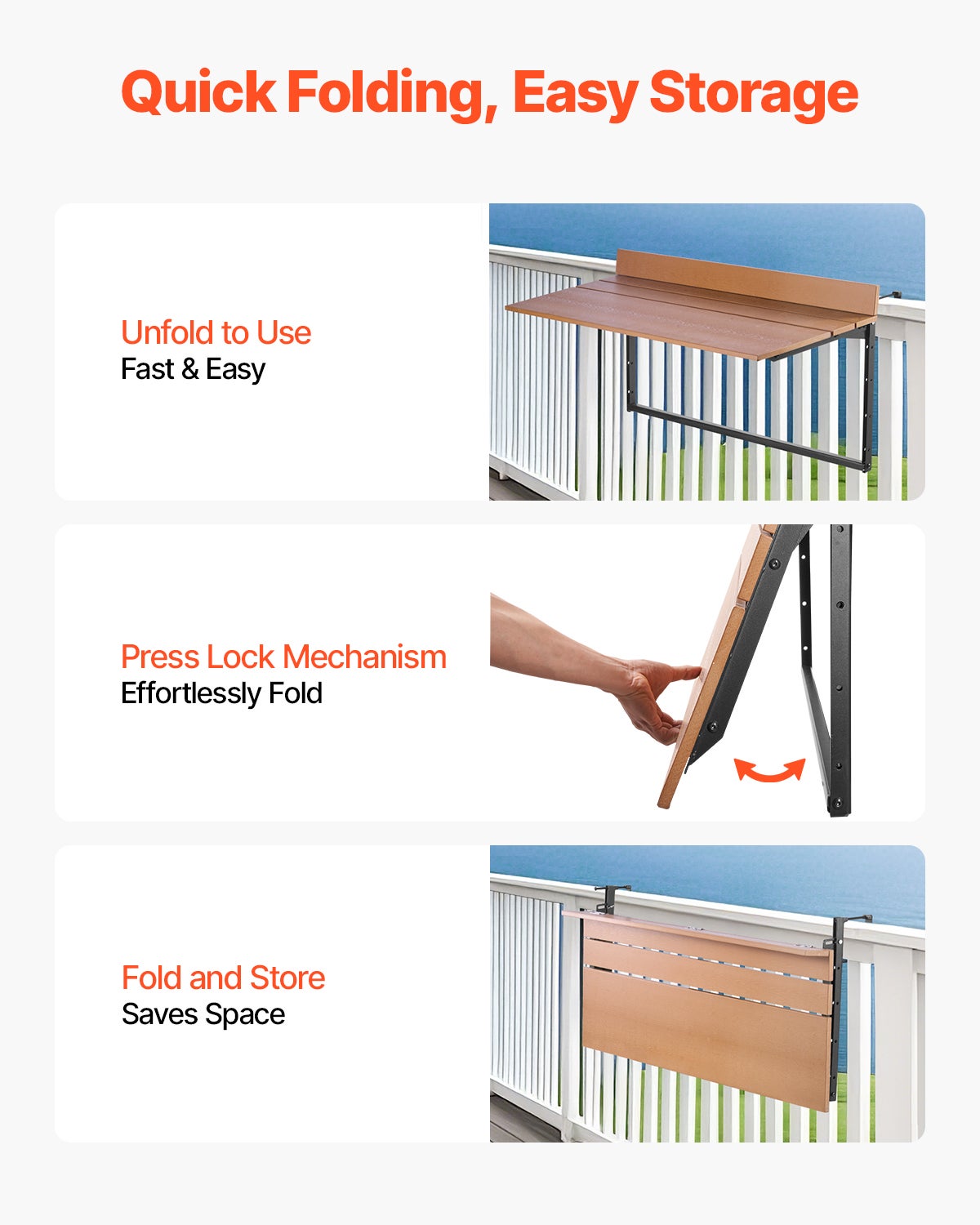 Table Suspendue Balcon,VEVOR 1000 x 485 x 480 mm,Table Pliante pour Balustrades Extérieures,avec Plateau 1000 x 345 mm,Réglable sur 5 Niveaux - 5