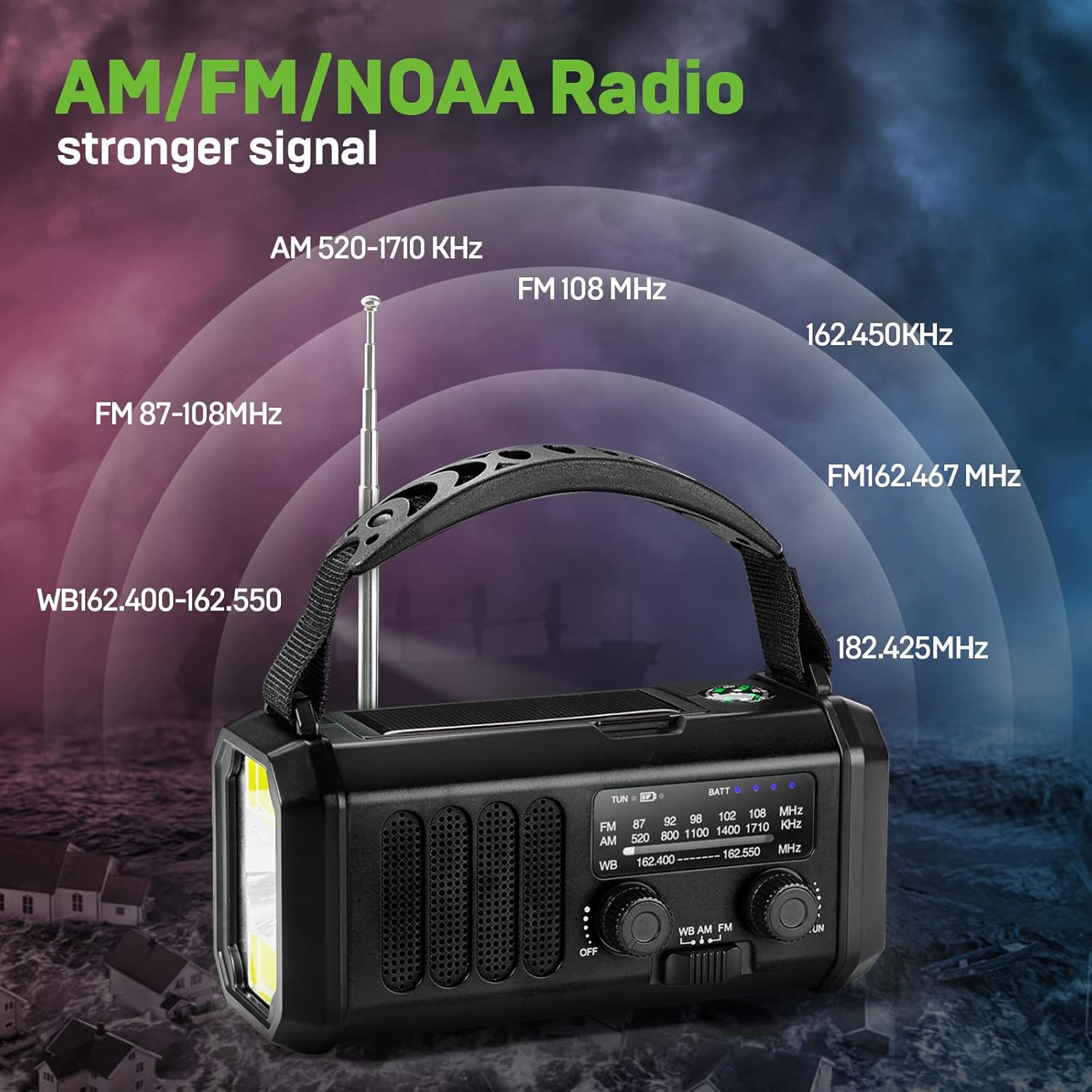 Radio z korbką ręczną 10000 mAh, czarne – radio awaryjne zasilane energią słoneczną – radio pogodowe NOAA/AM/FM – lampka do czytania LED, alarm SOS, k - 3