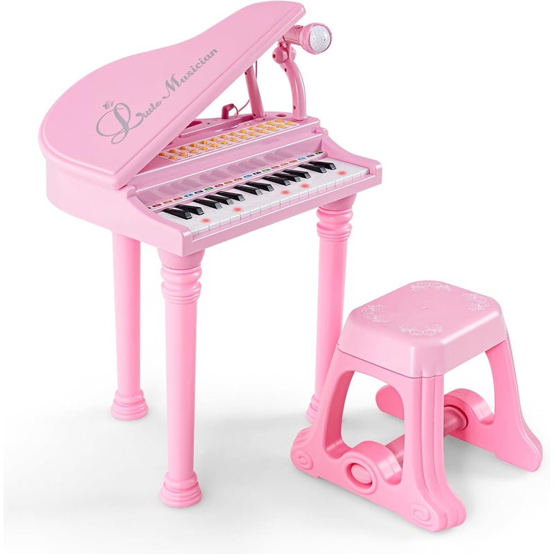 Elektroniczne Pianino dla Dzieci z 31 Klawiszami, Klawiatura Elektroniczna ze Stołkiem, Mikrofonem i 3 Trybami Nauki (Różowe-31)