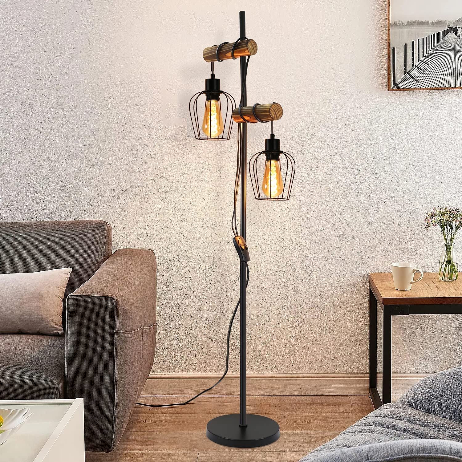 ZMH Lampa podłogowa Vintage do salonu 2 płomienie kabel 150 cm industrialna sypialnia korytarz