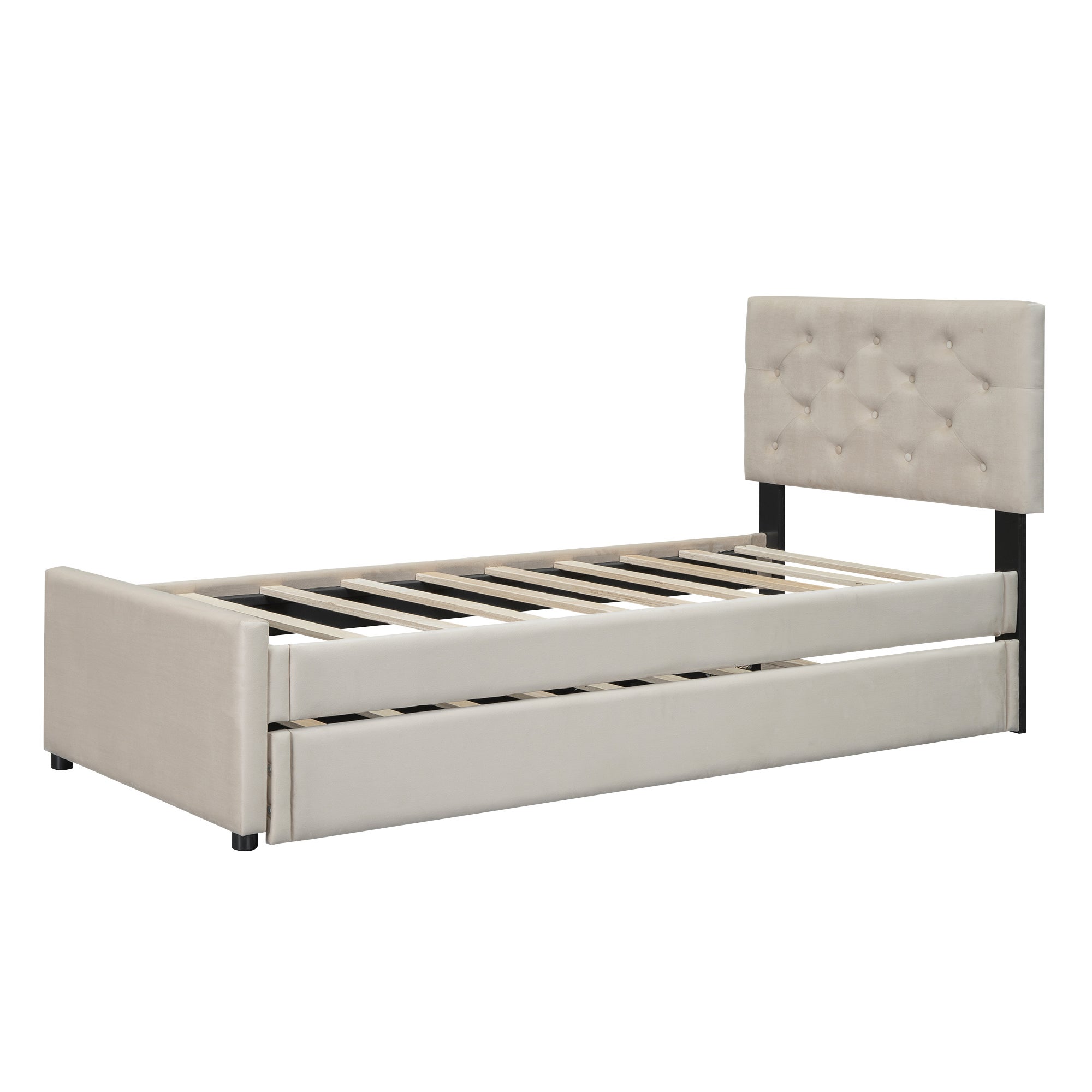 Lit simple 90x200cm en velours - avec un lit gigogne - avec sommier à lattes - Beige (matelas non inclus) - 7