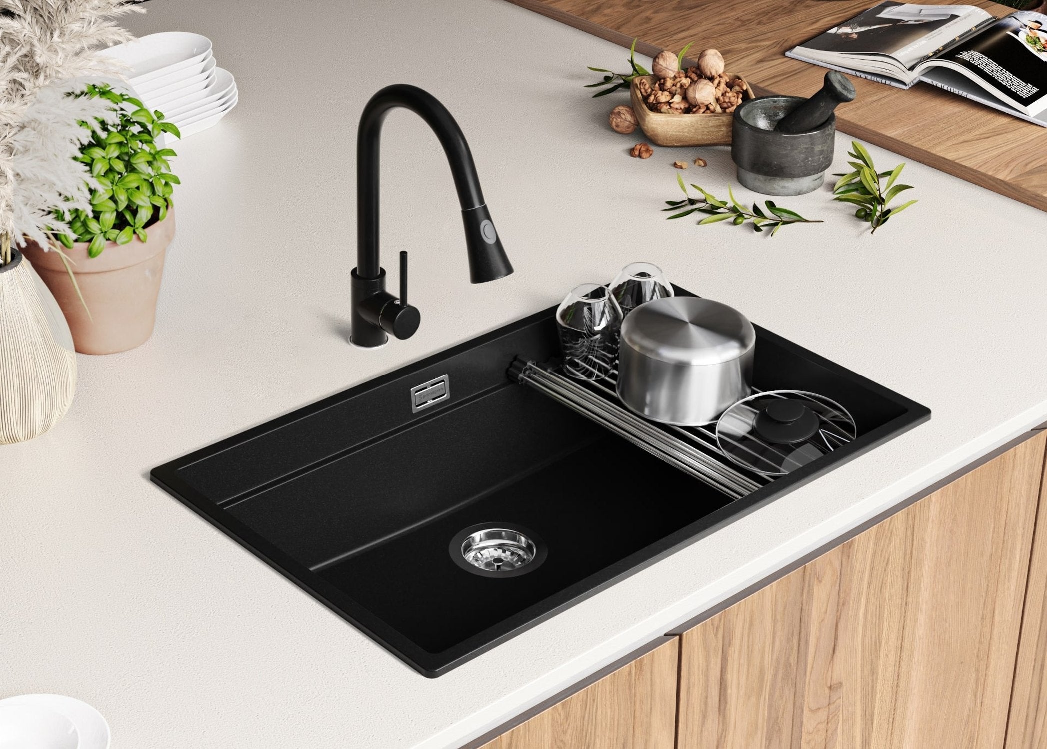 Lavandino da Cucina Nero 76x47cm, Lavello in Granito a 1 vasca + Sifone Classico + Accessori, Lavabo da Cucina Incasso al mobile 80cm PRIMAGRAN - 4