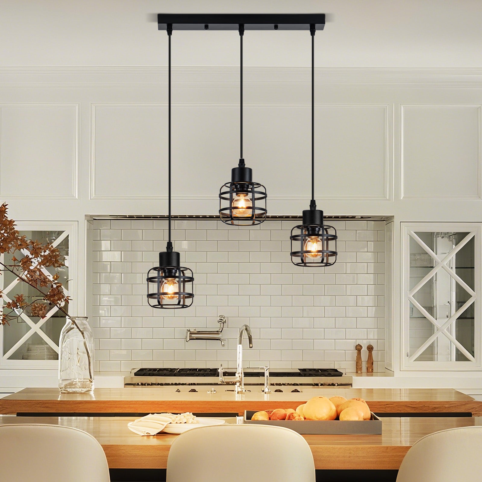 ZMH Lampa wisząca z metalu w stylu vintage, 3 żarówki, gniazdo E14, kolor czarny, regulowana wysokość, żarówka nie jest dołączona - 9