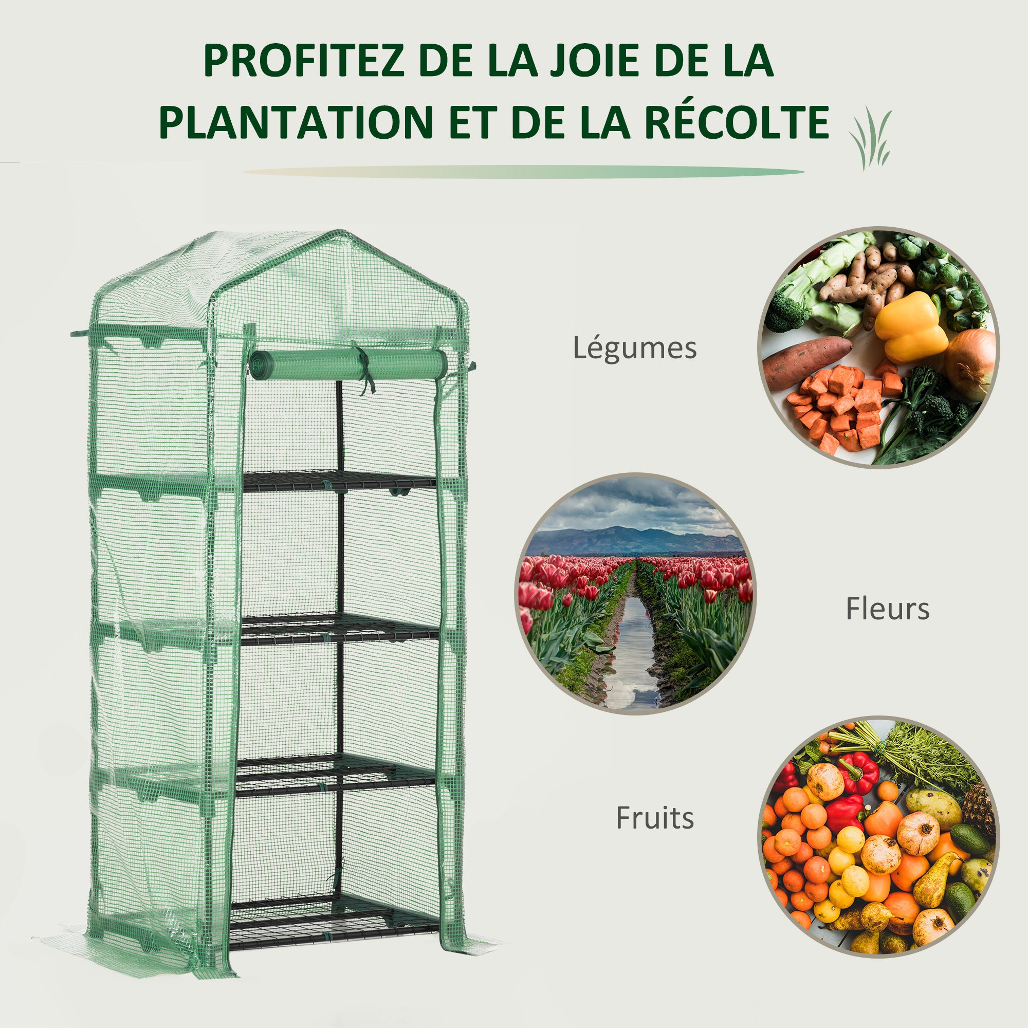 Serre de jardin PE avec étagères 4 niveaux, serre de balcon, bâche renforcée 140 /m², châssis en acier,pour légumes plantes,70x50x160cm, vert - 9