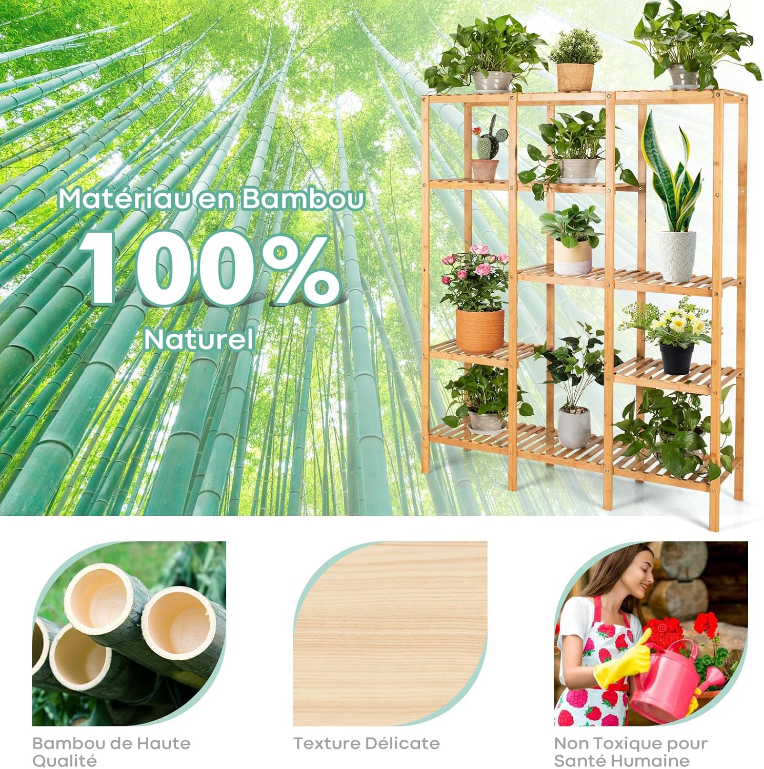 Support de pot pour Plantes en Bambou, Etagères à 5 Niveaux pour 12 Pots de Plantes,pour Salon, Balcon, Jardin, Terrasse, 114 x 31,5 x 141 cm - 4