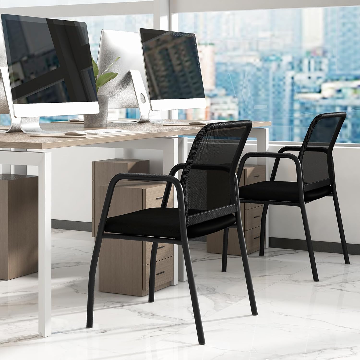 Set di 2 Sedie da Attesa, Sedia da Ufficio con con Schienale in Rete Ergonomico, Sedia da Conferenza con Braccioli e Sedile Imbottito, Portata - 2