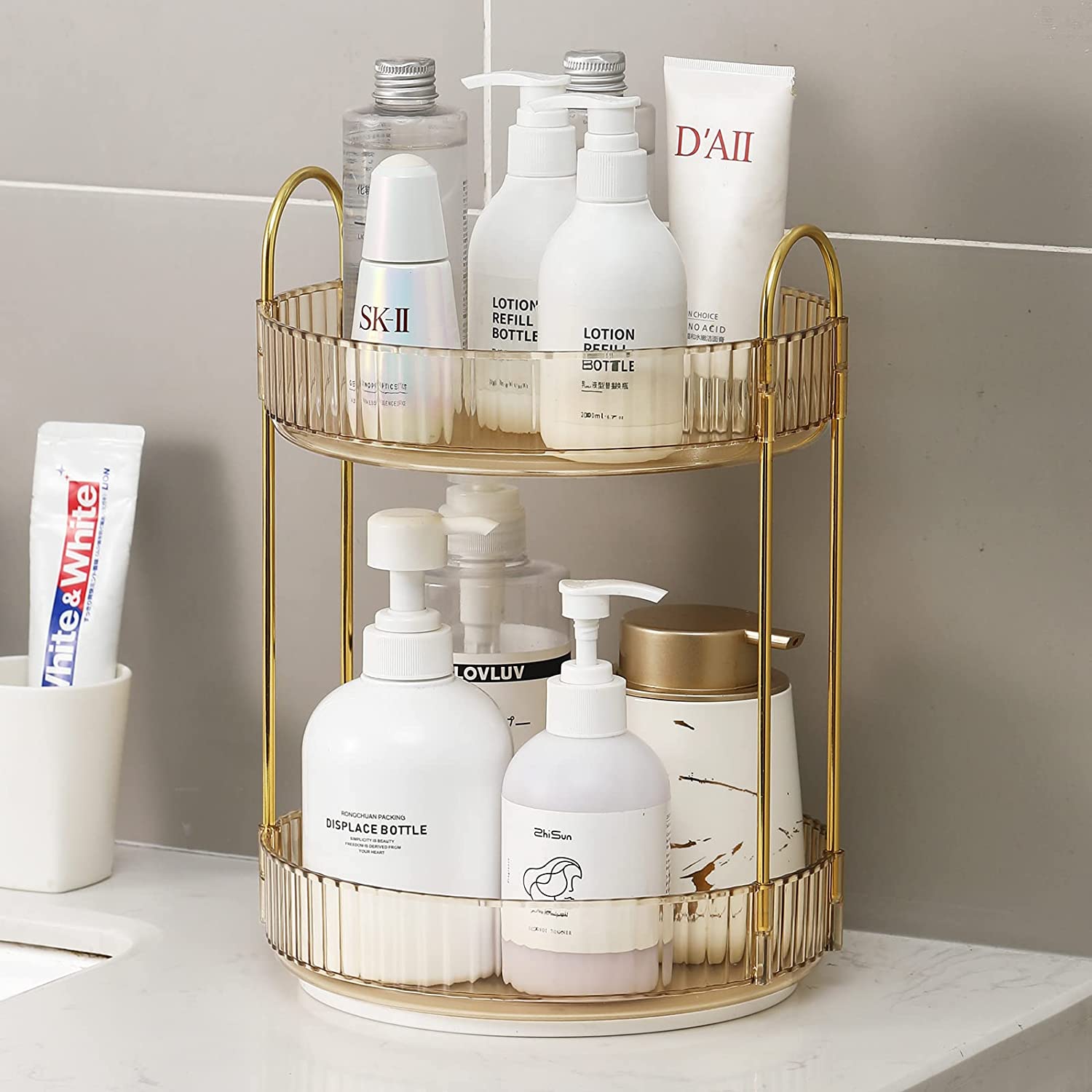 Organisateur de maquillage rotatif à 2 niveaux, étagère de rangement de salle de bains, bac de rangement d'assaisonnement de cuisine - 3