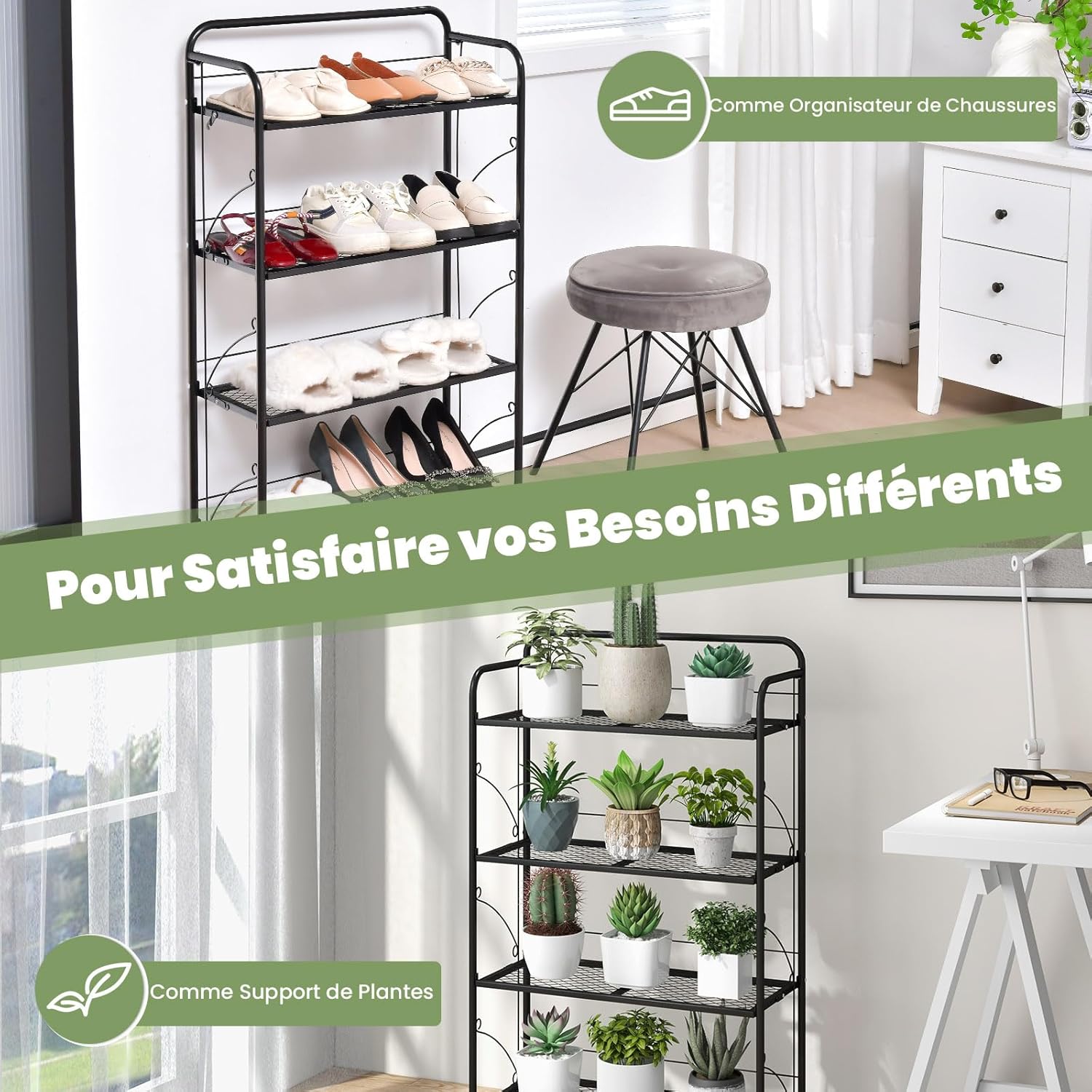 Support de Plante à 4 Niveaux en Métal, Étagère de Plantes Pliante avec Tablettes Réglables, Pieds Réglables, Support pour Plantes pour Balcon, Jardin - 6