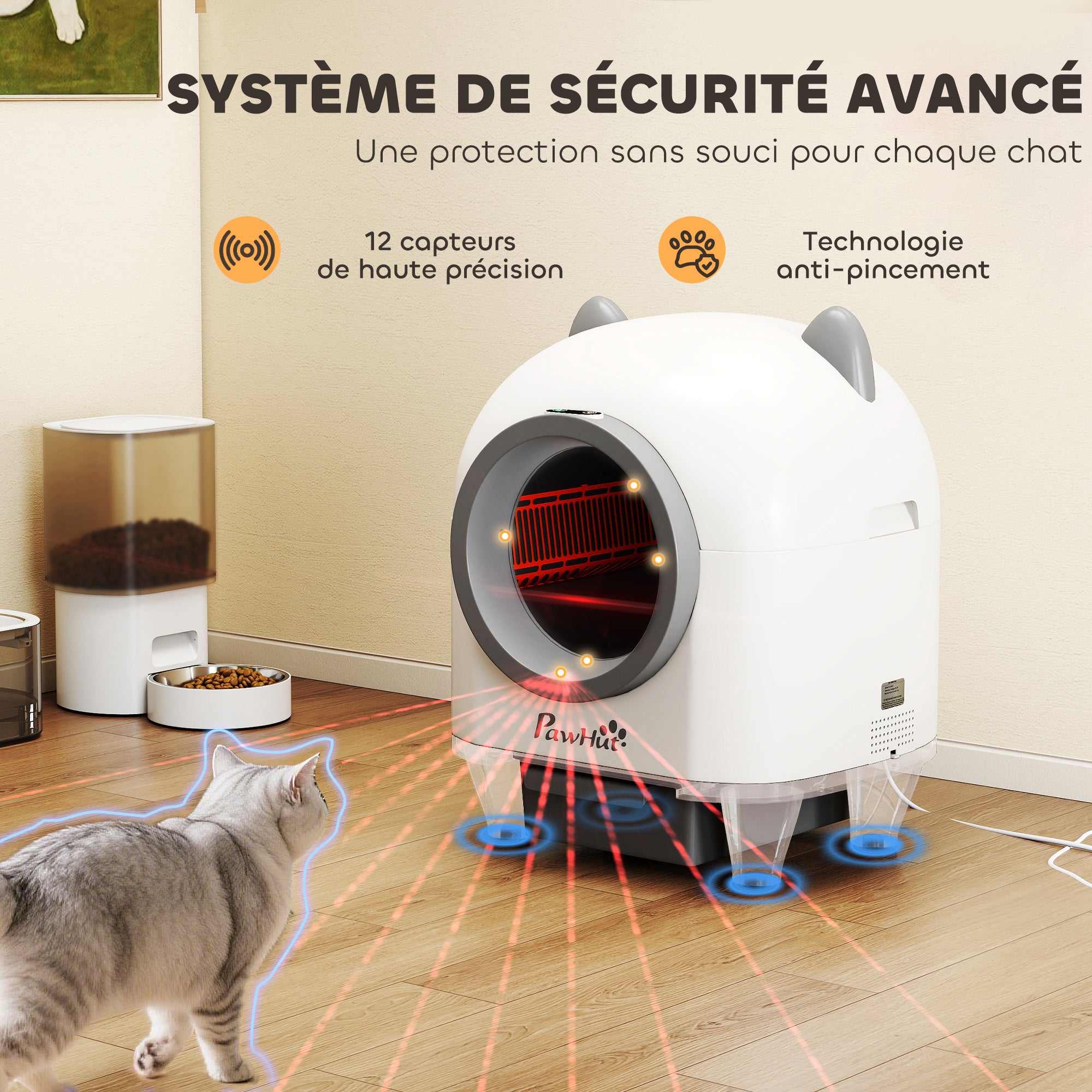 Bandeja areia gato autolimpante 80L automática controlo app anti-belisco 55.5x51x60cm branco - 6