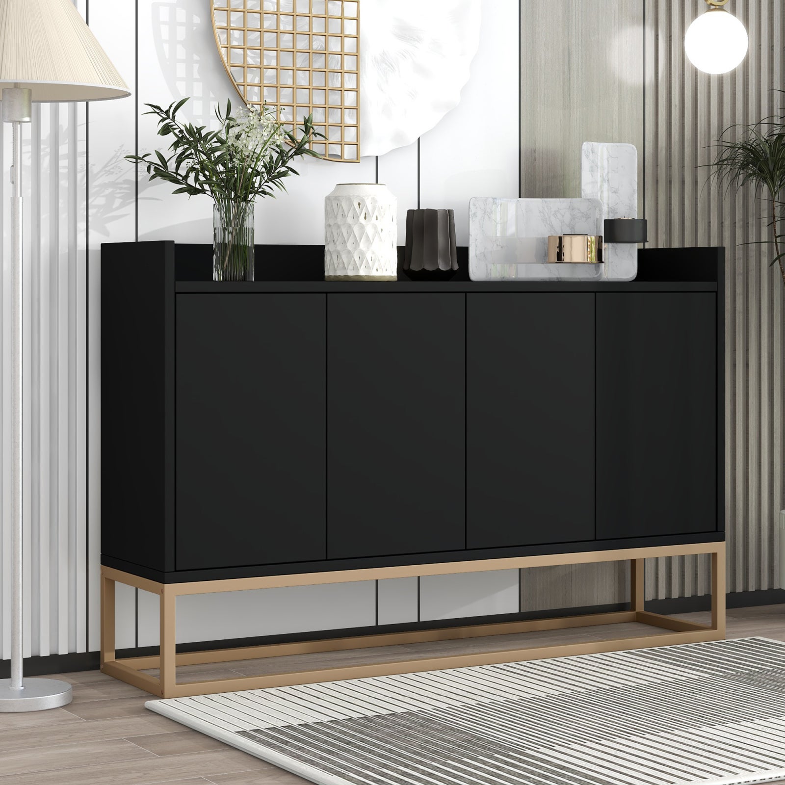 Aparador 120 cm con 4 puertas, estantes regulables, estructura metálica dorada, sistema push to open, cómoda moderna negra
