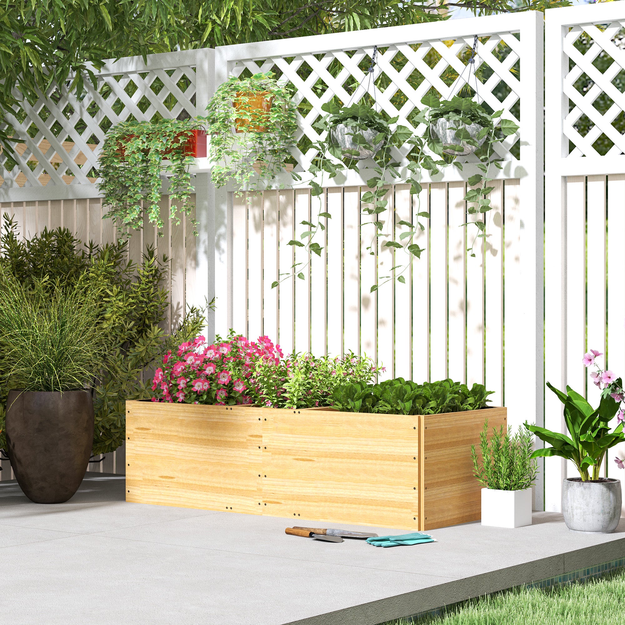 Potager surélevé en bois avec 3 zones de plantation, pour légumes, herbes aromatiques et fleurs, 140 x 60 x 40 cm - 3