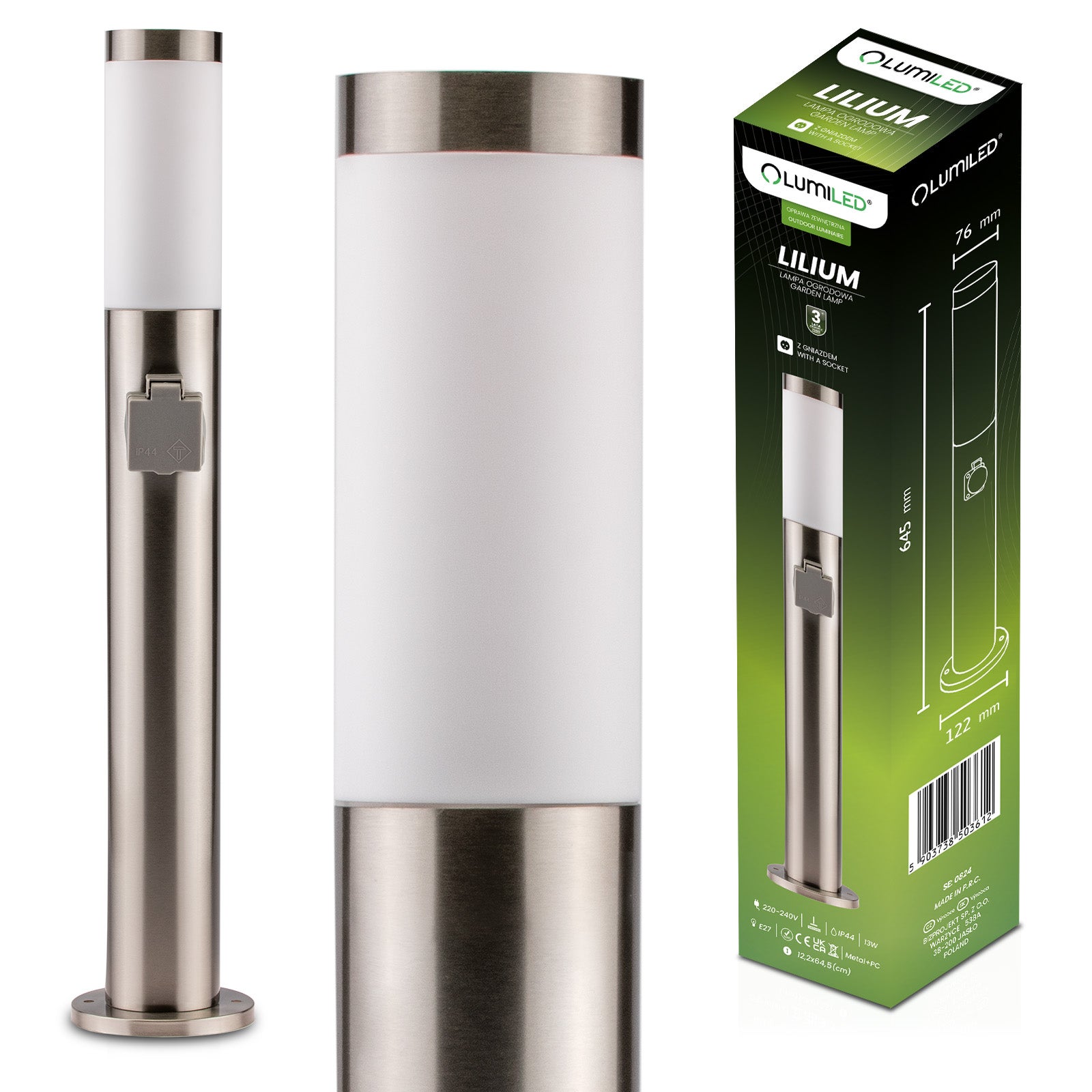 Lampa Ogrodowa Lumiled Zewnętrzna E27 Słupek 65cm z Gniazdem 230V 1 szt.