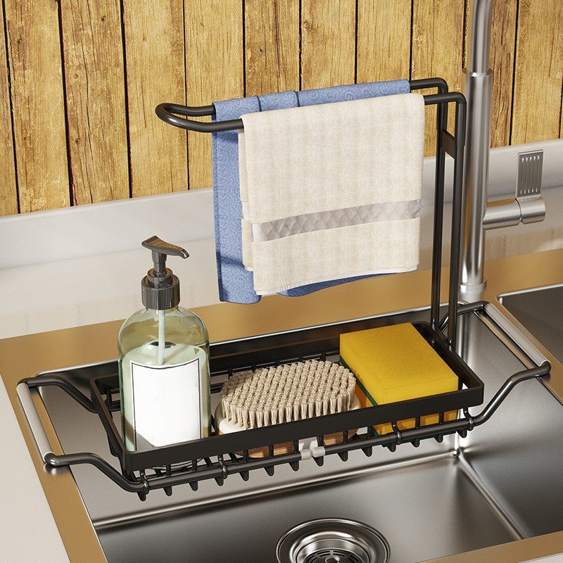 Półka kuchenna z organizerem na szmaty, wysuwanym ociekaczem na gąbki, czarna, 42,5-54*10,5*23,5 cm