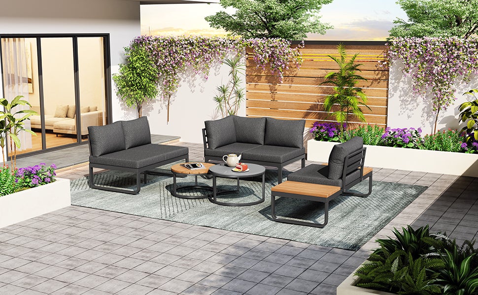 Salon de jardin modulable en fer galvanisé : 2 canapé 2 places + 1 canapé 1 place + 1 tabouret + tables basses gigognes - Gris - 5