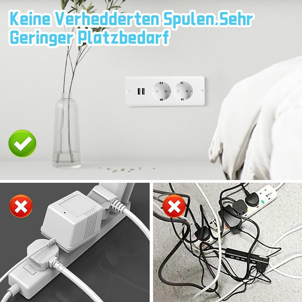 Prise Encastrable et 2 Ports USB Type-C PD20W, Câble 1,7m, Multiprise Intégrée pour Bureau et Meuble - 3