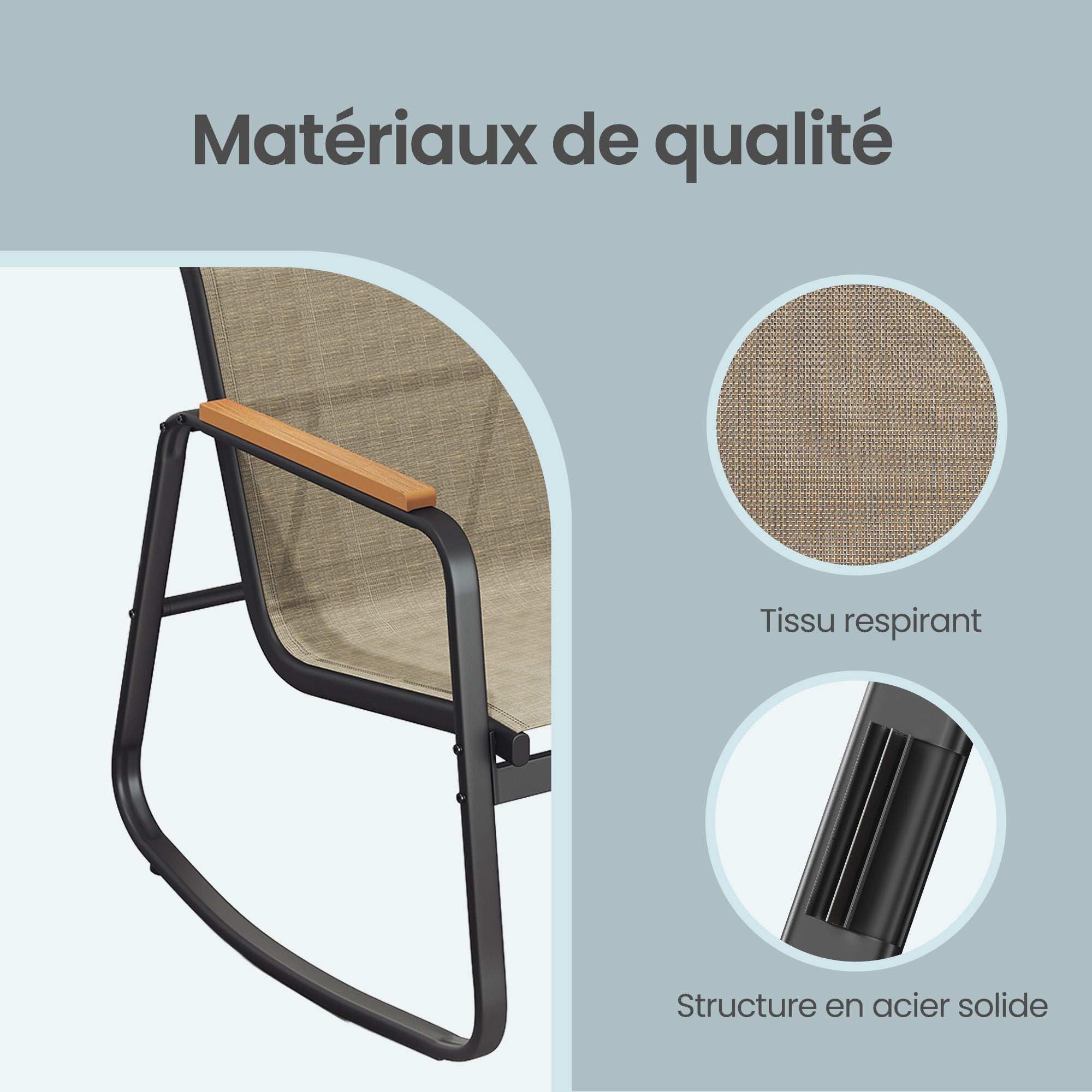Ensemble de Mobilier de Jardin, 2 Chaises à Bascule avec Table, Banc, en Acier, avec Accoudoirs, Marron - 6