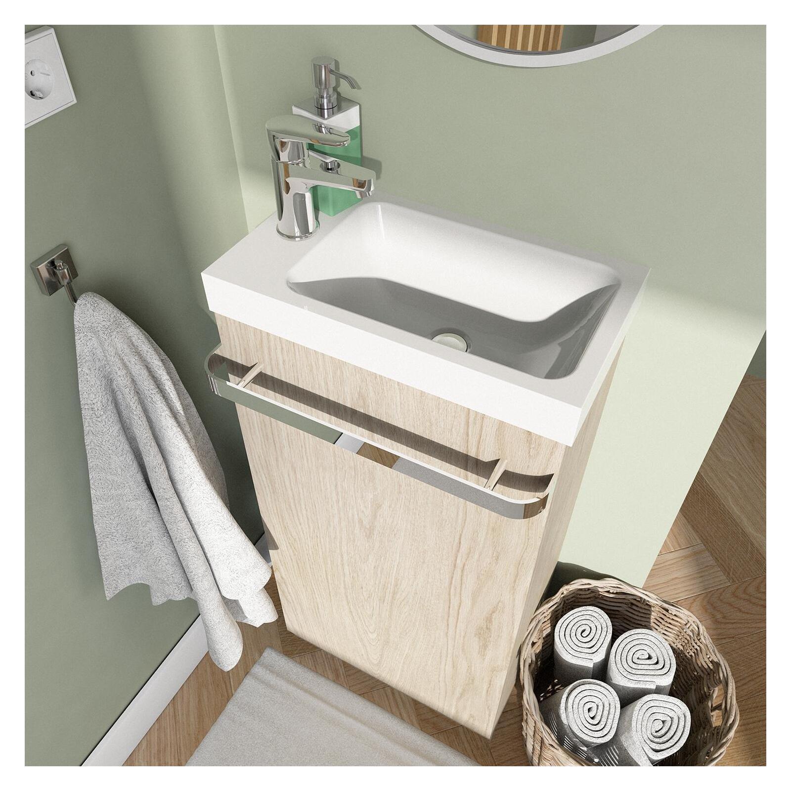 Meuble lave-mains sur pieds JOHANN décor chêne + vasque + robinet + miroir - 6