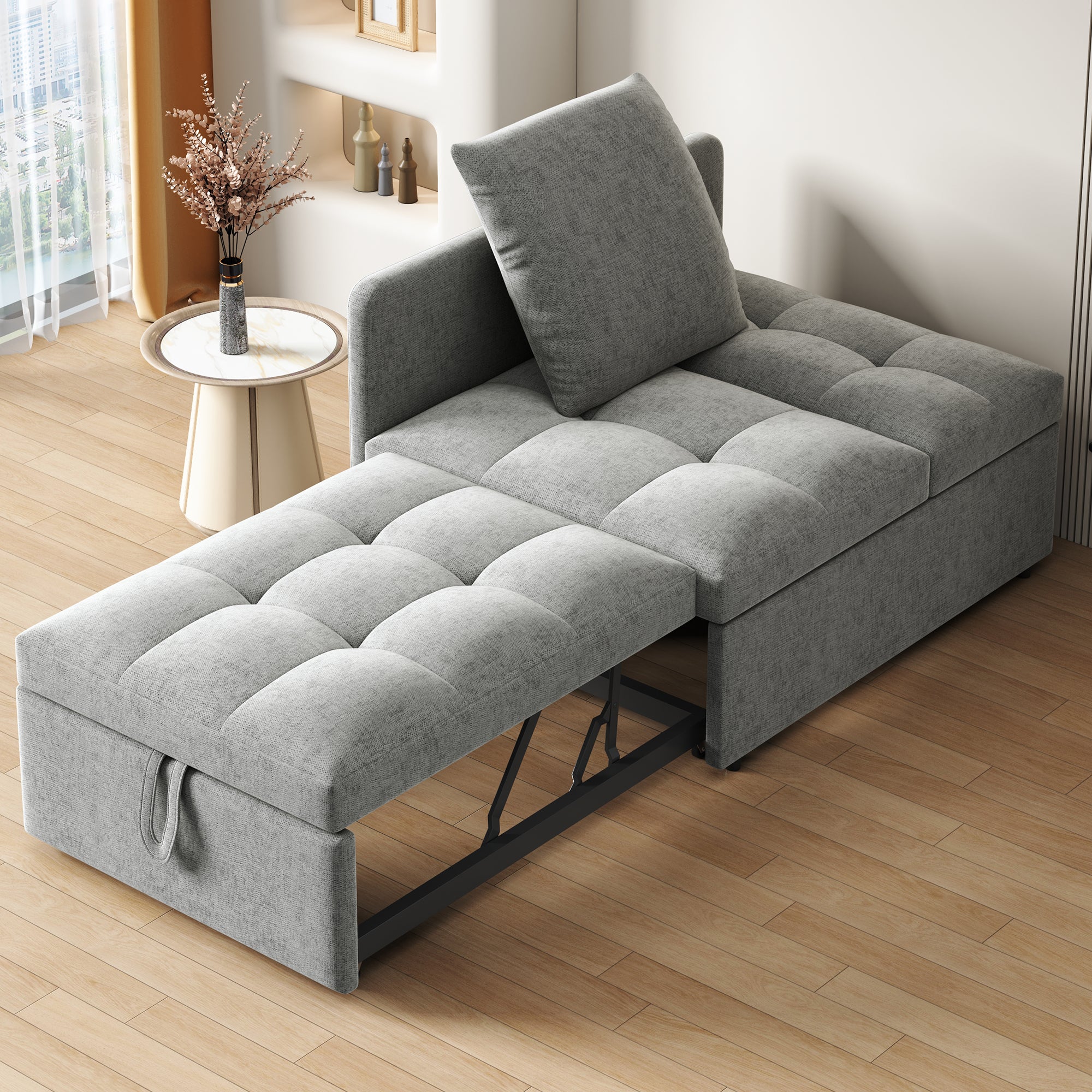 Rozkładana sofa 1-osobowa, 3 w 1, tapicerowana sofa z funkcją spania – 97/177 x 65 x 65 cm – tkanina lniana – regulowane oparcie – szara - 3