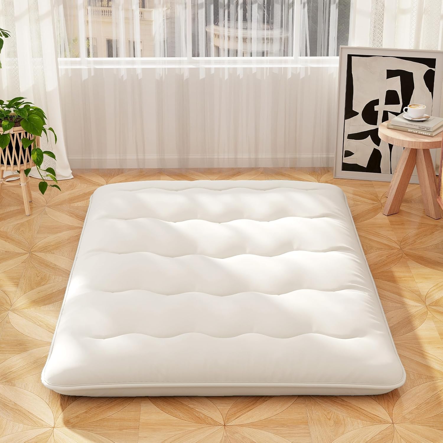 Składany materac futon, japoński materac futon 140 x 200 cm, zmywalny pokrowiec, dla gości (beżowy) - 9