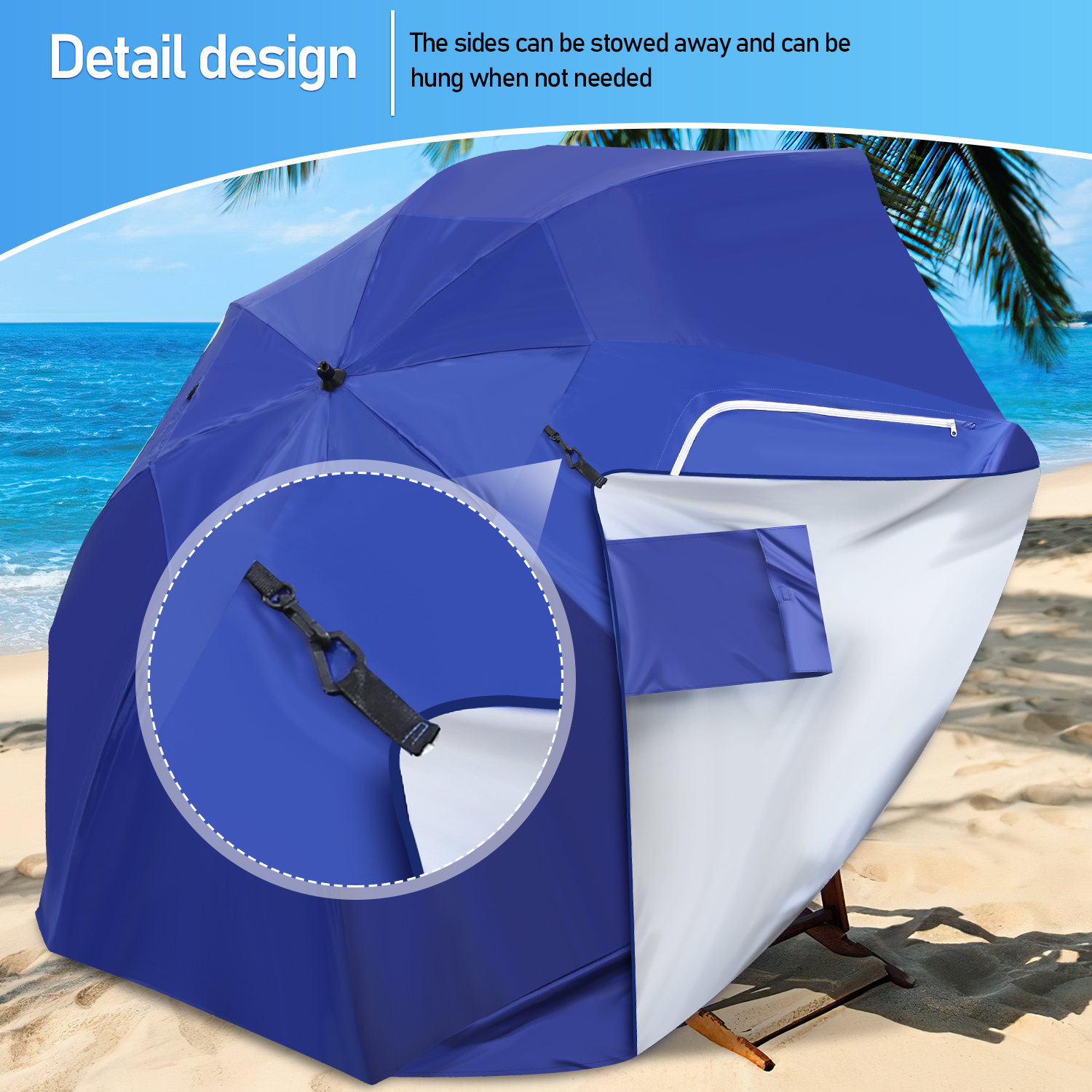 Parasol de plage ou jardin 210 cm avec protection UV, en bleu, en polyester durable, avec piquet, avec ou sans côté - 3