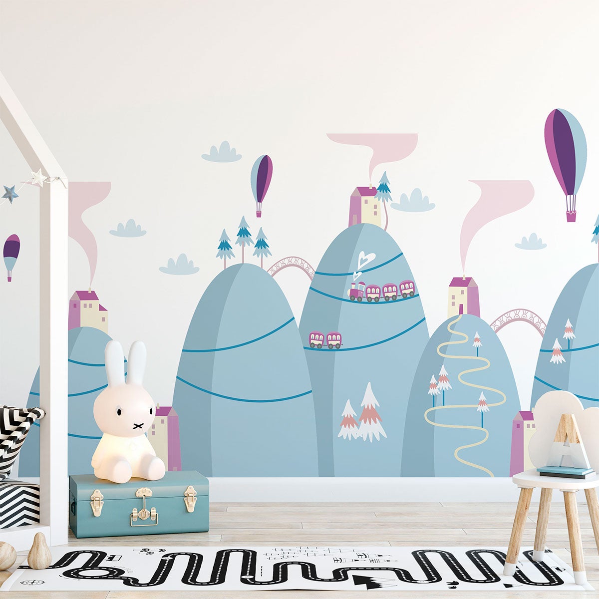 Vinilo niño escandinavo de montaña maravillosos globos de aire caliente - adhesivo pared - sticker revestimiento - 100x150cm
