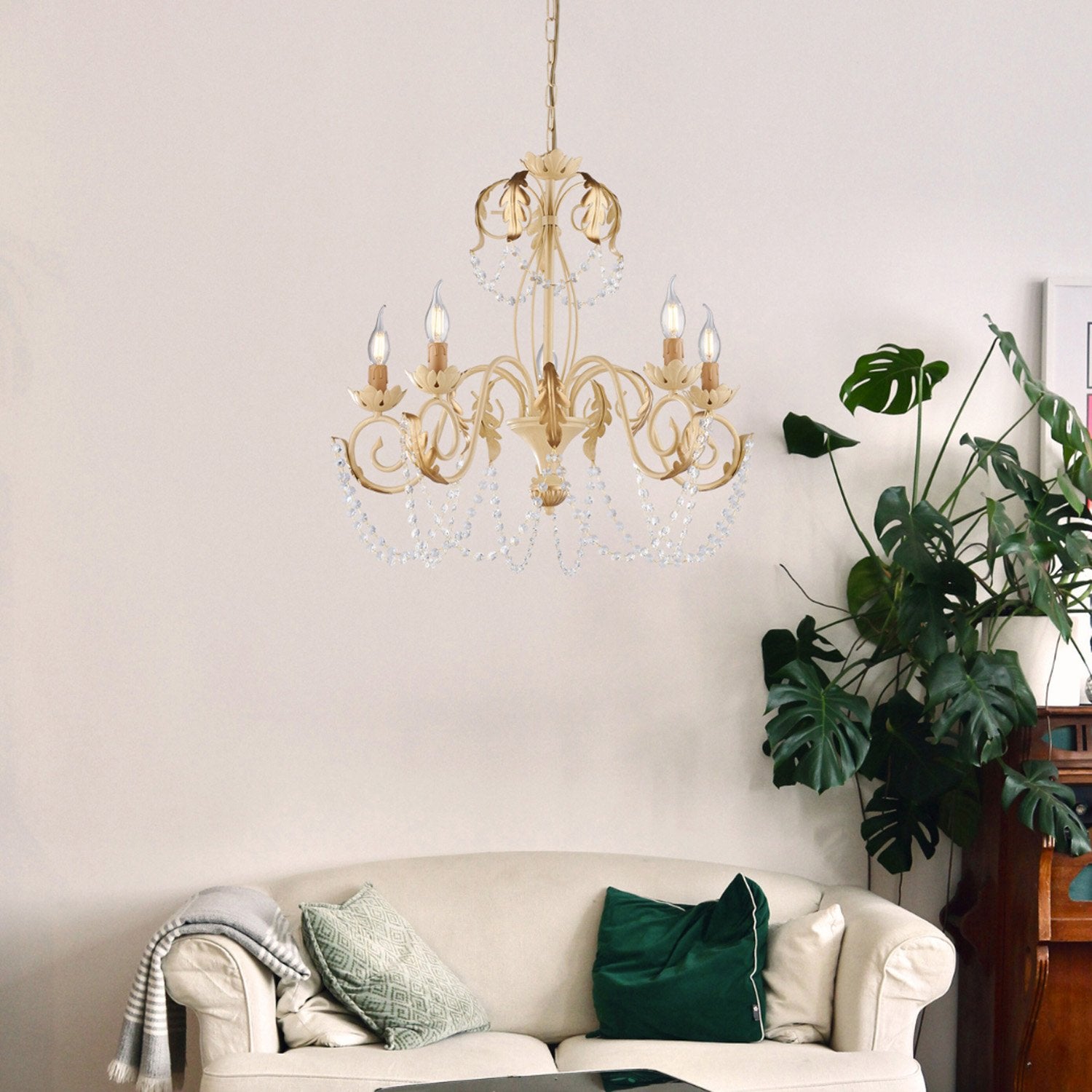 Lustre Damasco fer ivoire, strass cristal, déco or antique effet décapé, 5 lumières d.63 cm ambiance raffinée - 3