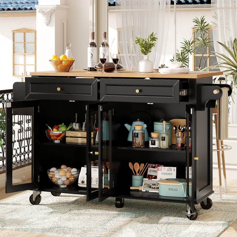 Mobilna wyspa kuchenna z 4 szklanymi drzwiami i 2 szufladami - Wysuwany blat - 140 x 44,5/72,5 x 90 cm - MDF + Metal - Czarny
