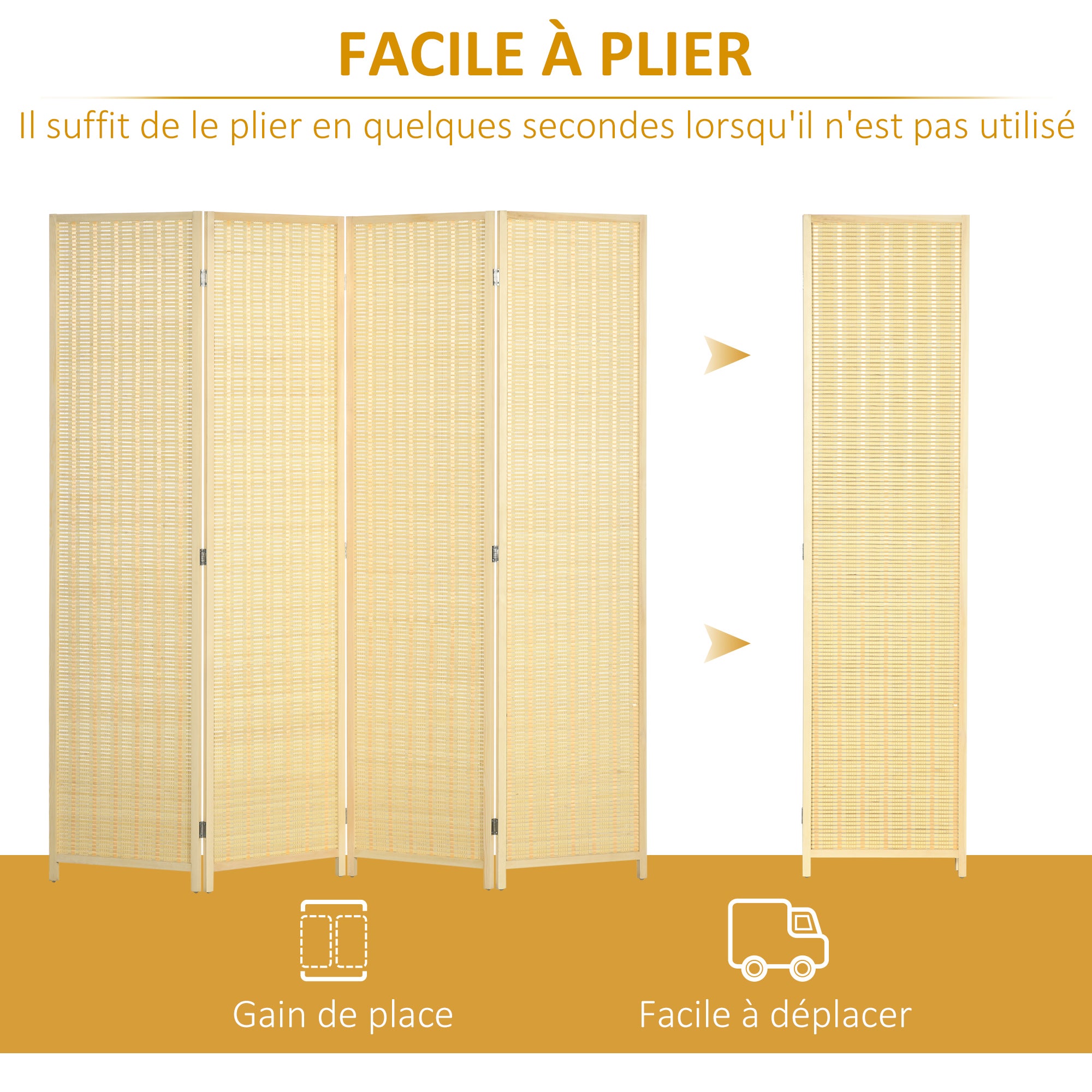 Paravent conçu en bois séparateur de pièce closion de séparation pliable 4 panneaux 180 x 180 centimètres naturel - 8