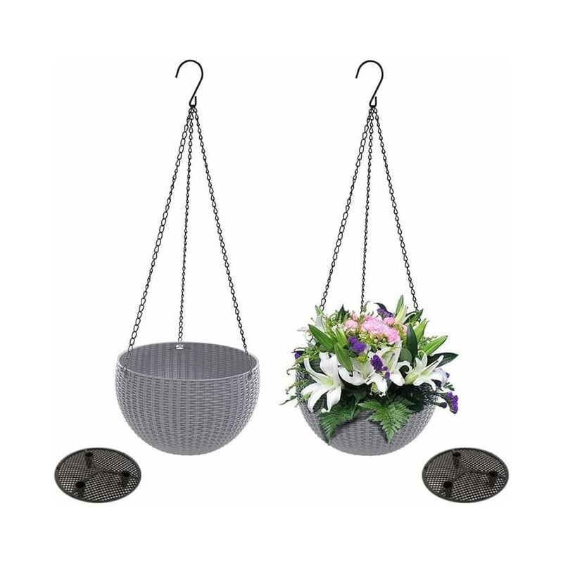 donice wiszące z rattanu (szare), wiszące kosze ogrodowe, donica wisząca, donica wisząca z tworzywa sztucznego