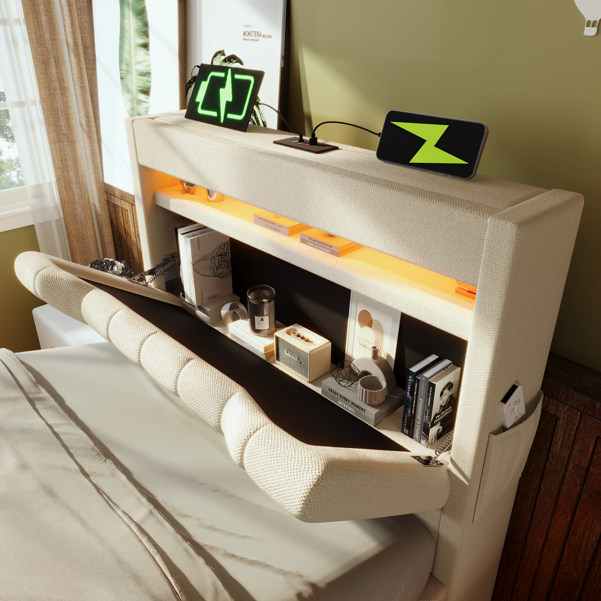 Cama canapé tapizada 90x200cm - con LED - con puertos USB y Tipo C - Tejido de lino - Cabecero con espacio de almacenaje - Beige - 4