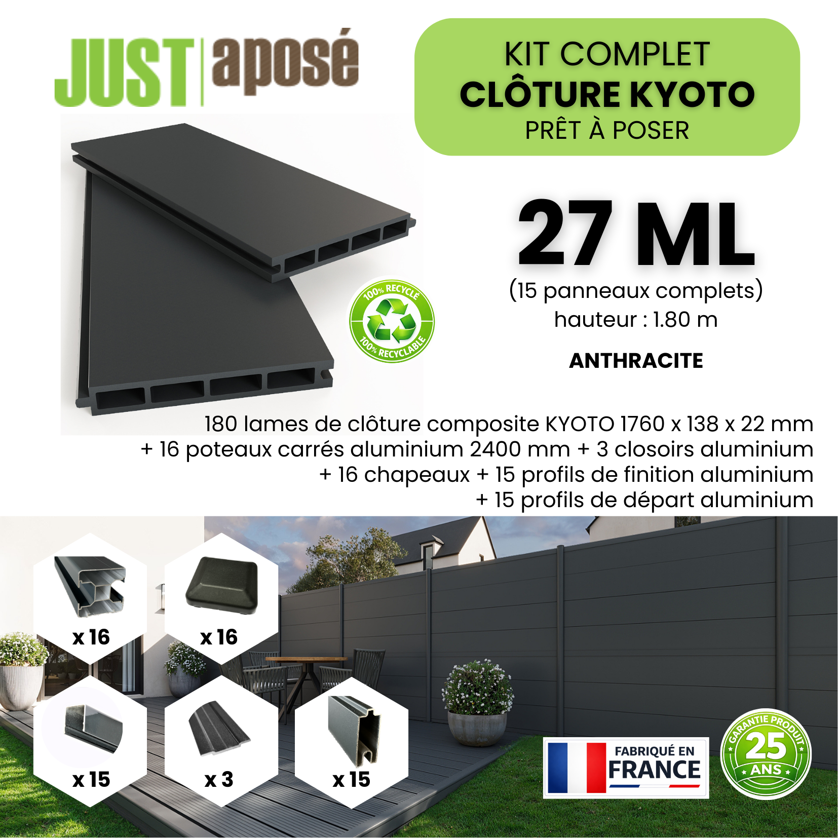 Kit complet clôture composite KYOTO - 15 panneaux complets - 27 x 1,80 m - Prêt à poser - Anthracite - 3